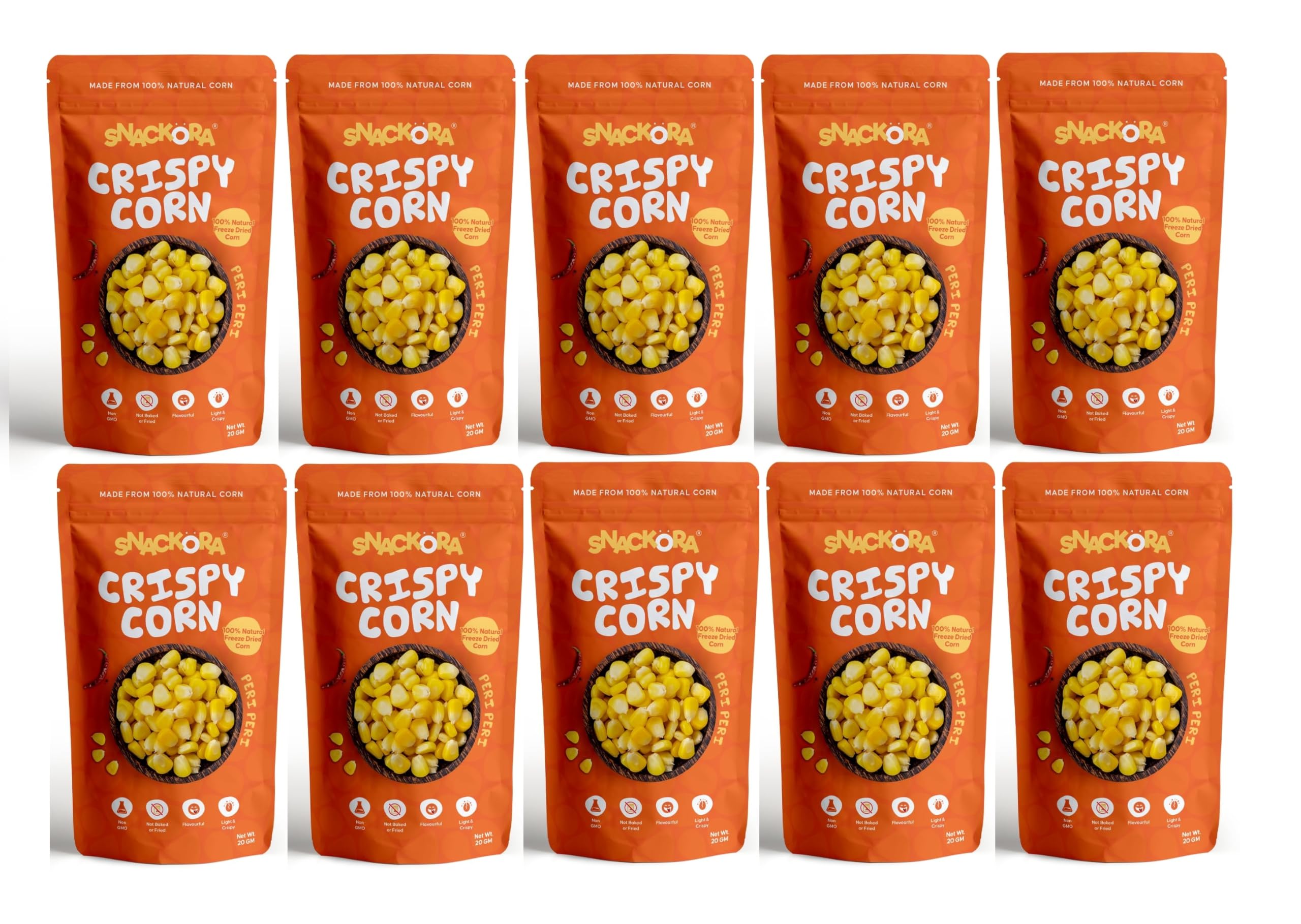 SNACKORA Freeze Dried Crispy Corn 20g Not Baked or Fried | No GMO |No Preservatives | Healthy Snacks | High Protein | Source of Fiber | Gluten-Free | Low Fat | 100% Natural Light & Crispy Corn (Pack of 10, Peri Peri)-image-13
