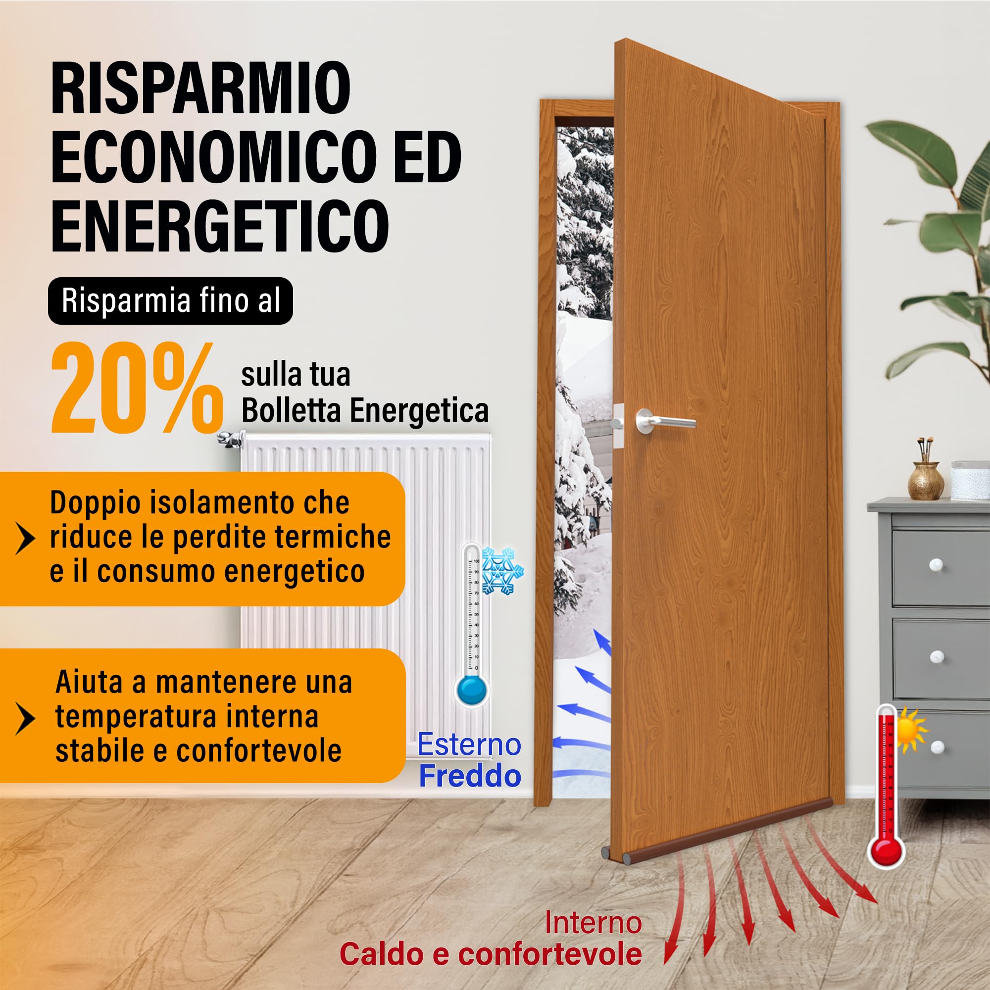 Paraspifferi Sottoporta - Compatibile SOLO con Porte Fino a 5 cm di Spessore (Interne e d’Ingresso) – Isolante Termico, Guarnizione Porta, Antispifferi e Para Spifferi – Marrone, 93 cm