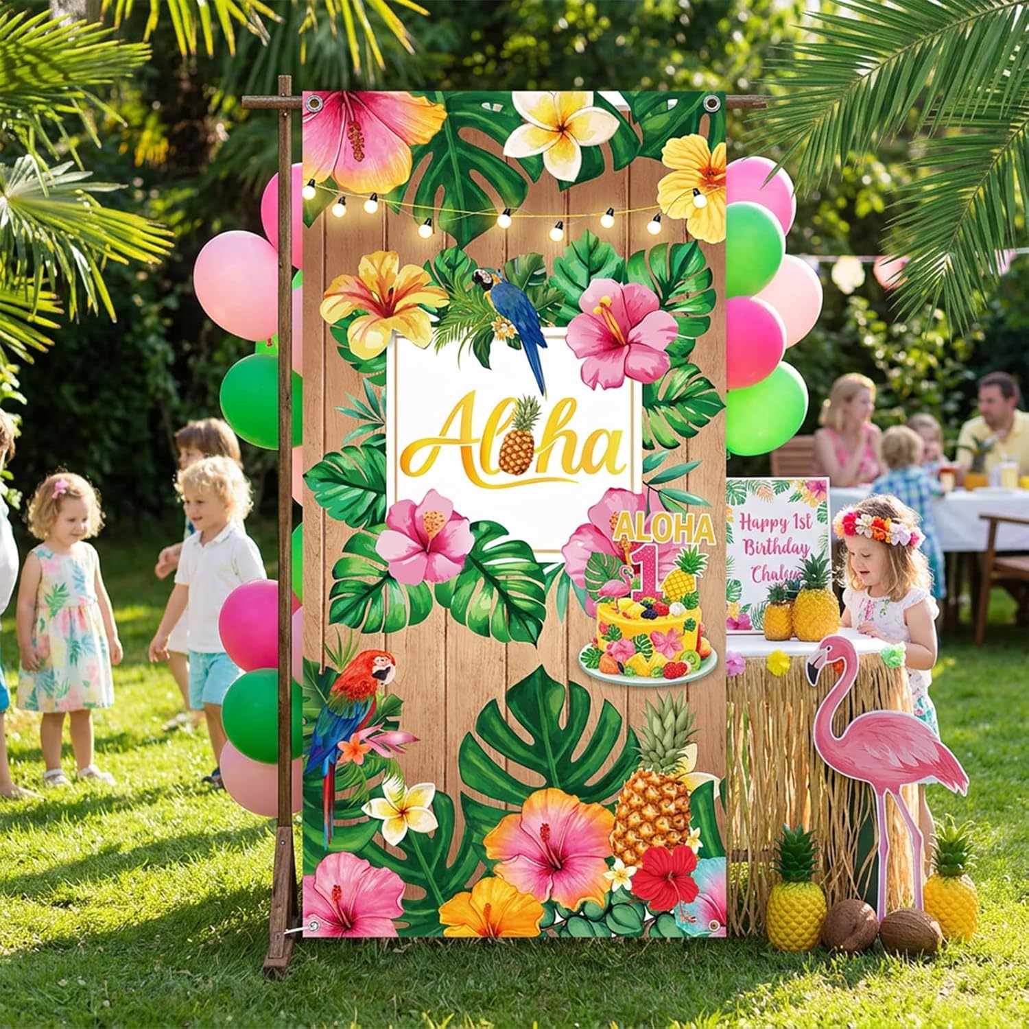 Aloha Door Cover Party Decoration, Summer Luau Front Door Banner Decor, Tropical Plants Pineapple Hawaiian Banner Party Supplies for Photo Backdrop Outdoor 35.4 x 70.9 Inch