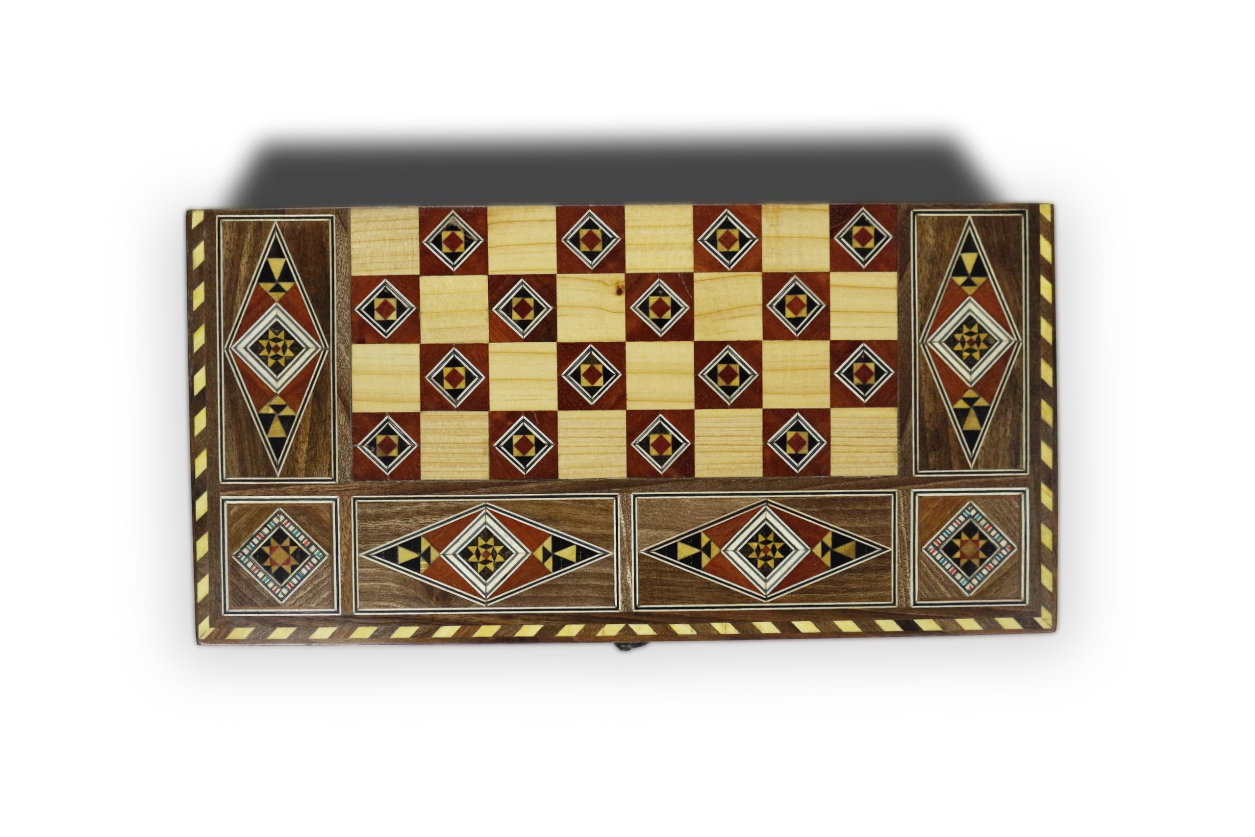 30 x 30 cm in legno Backgammon Tavla/gioco di scacchi/DAMA, Tavla,originale intarsiato artigianato fatto a mano, Brett BK 301F con 30 pietre di backgammon in legno e con statuette di scacchi in