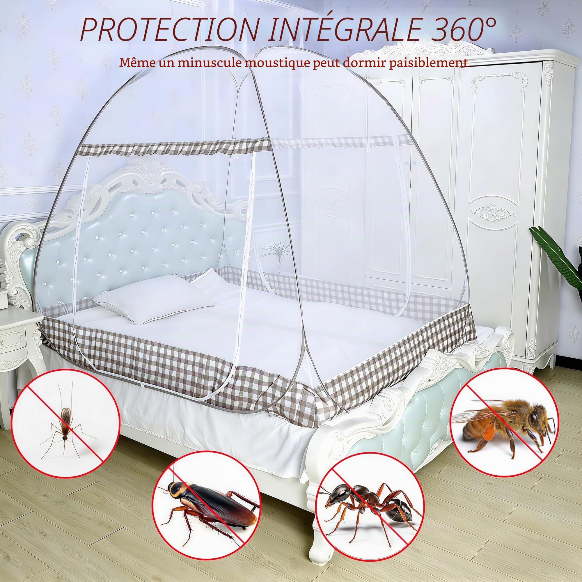Digead Moustiquaire de Lit Dôme, 100x200cm à Installation Rapide | Portable et Pliable pour Camping et Chambre | Porte Simple, Bordure Marron
