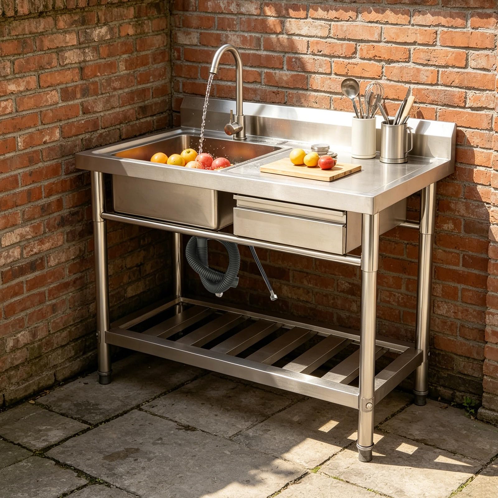 Edelstahl Spültisch 100x60cm mit 360° Armatur Wasserhahn Freistehend | 100*60*80 cm, 1–3 cm Höhenverstellbare Füße mit Arbeitsfläche, Spüle und Unterbau für Küche, Garten und Gewerbe (150kg Max)