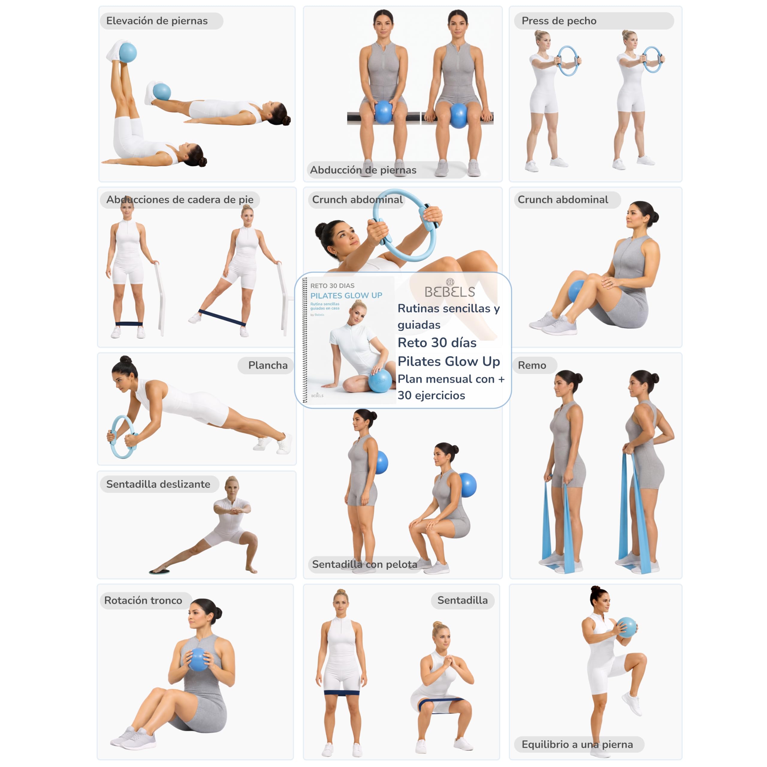 Bebels Pilates Kit, Kit Pilates en casa, Pilates en casa, Kit Gimnasio en casa,Ejercicio en casa, aro Pilates, Bandas elasticas, Pelota Pilates pequeña, Sliders Fitness, Cintas elasticas musculacion