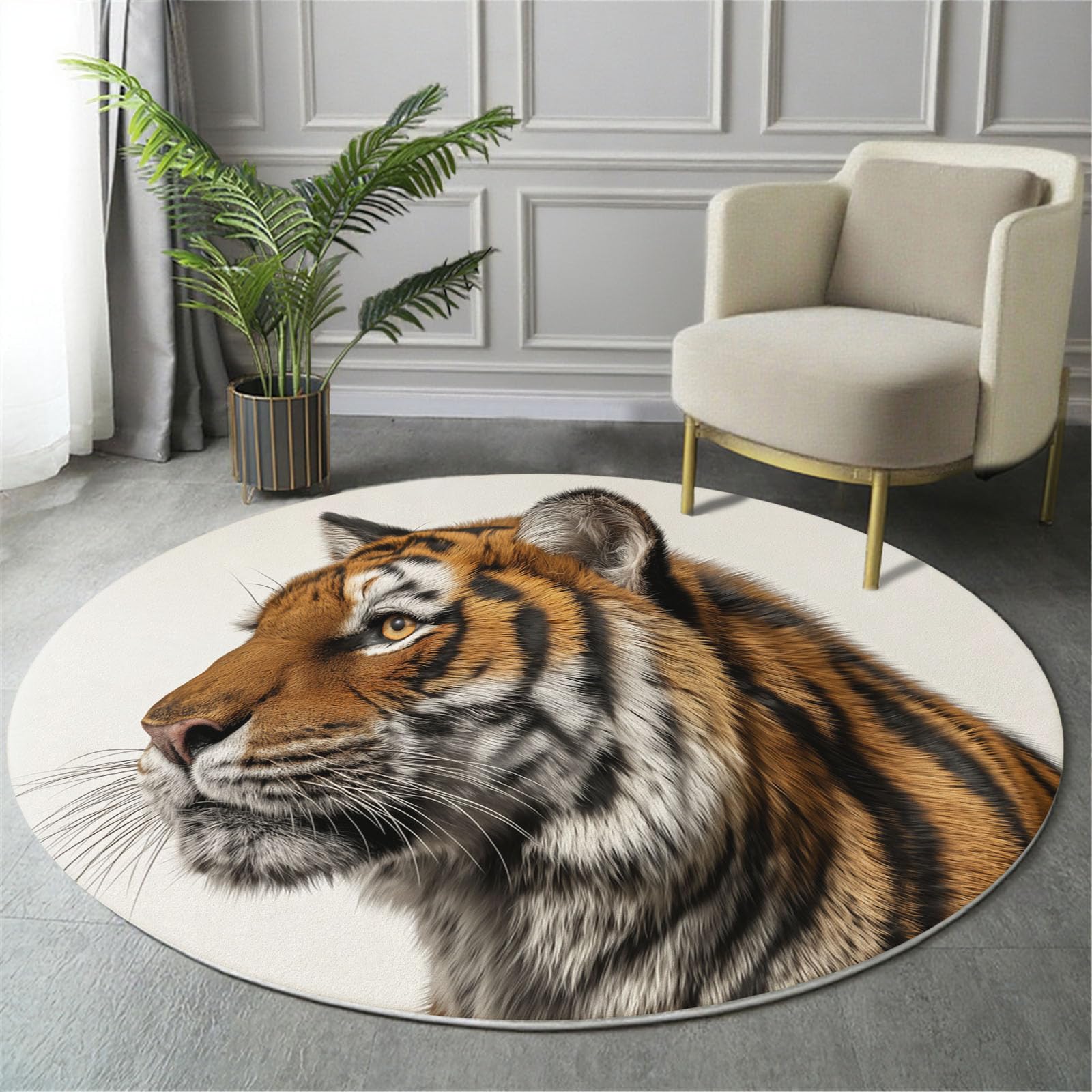 Tapis rond motif tigre lavable en machine et antidérapant