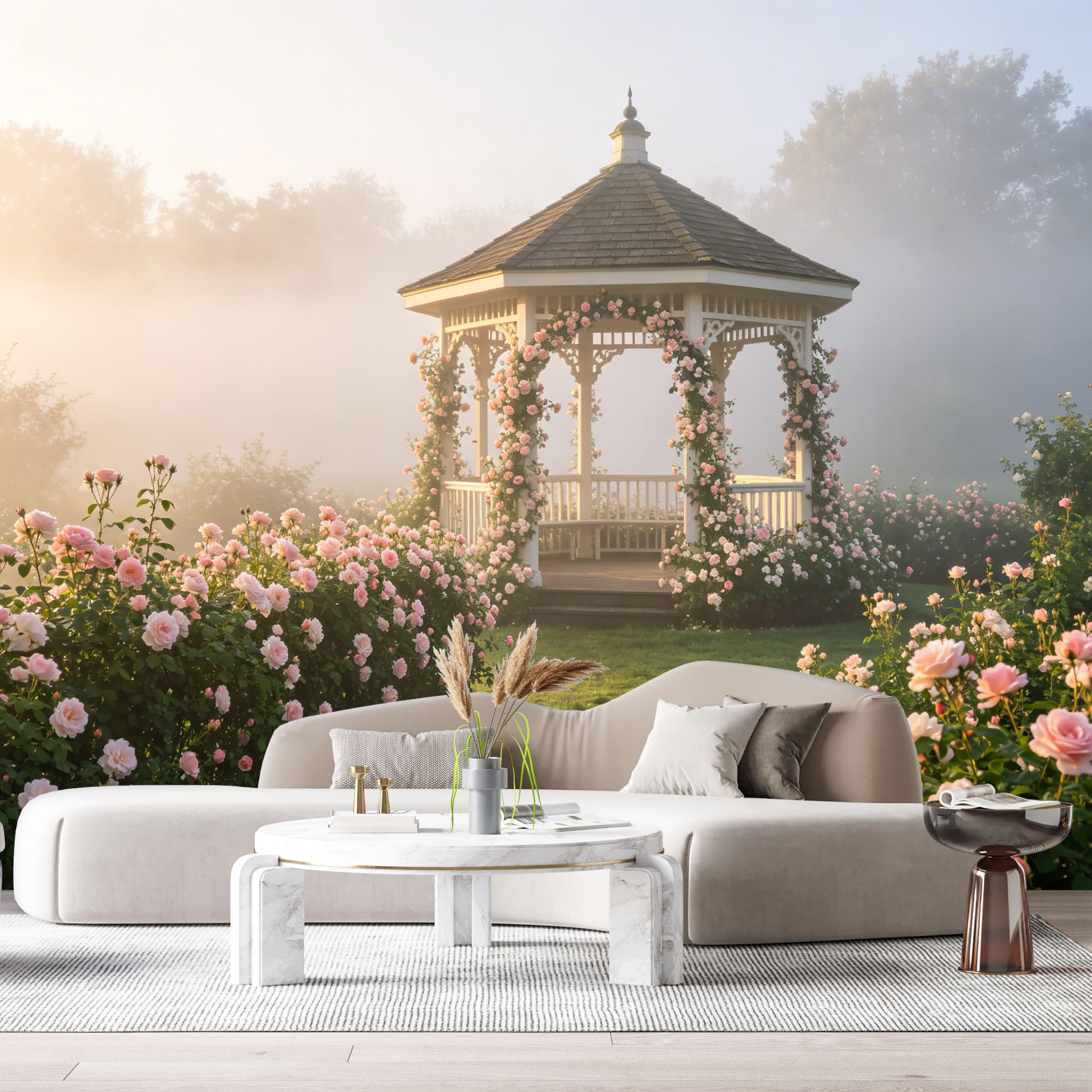 Custom Size Wall Murals Botanical Garden Gazebo Pink Flowers Foggy Morning Farmhouse Landscape SelfAdhesive Wall Fabric Removable Large Wallpaper for Photo Living Room