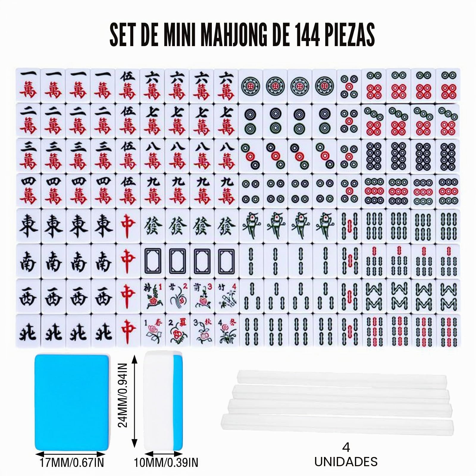 Mini Mahjong Set 24 mm – Juego de mesa de Mahjong chino portátil con 144 azulejos, incluye 2 dados, juego familiar perfecto para casa o de viaje