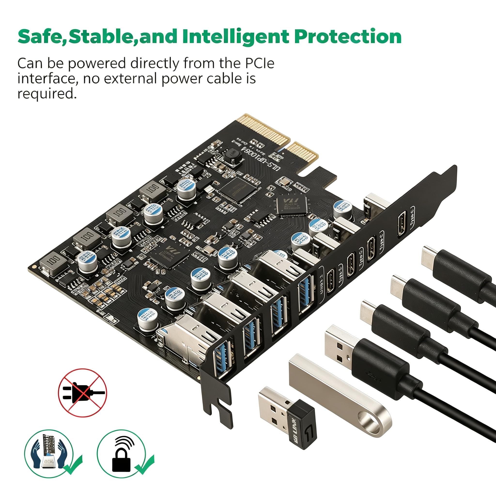 Karta USB 3.2 PCIE 8 portów, PCIE 3.2 gen2 x 1 karta 10 Gb/s, karta rozszerzeń PCI Express, wewnętrzny koncentrator USB, konwerter do komputera stacjonarnego z systemem Windows 7/8/10 Linux