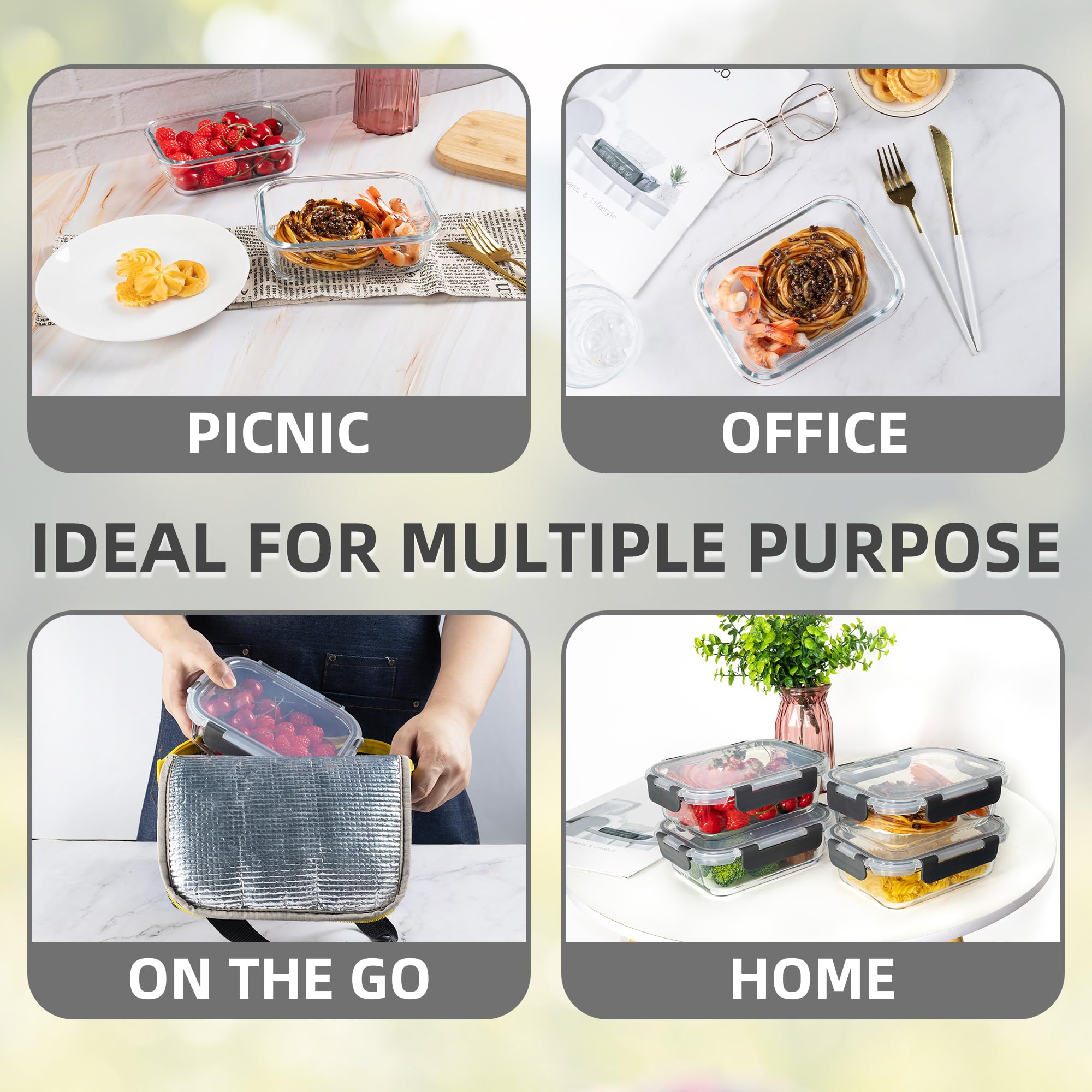 10 Stück 625 ml Glasbehälter für Mahlzeiten, Frischhaltedosen mit Deckel | Luftdichte, auslaufsichere Lunchbehälter für Küche, Gefrierschrank, Mikrowelle, spülmaschinenfest (Grau)
