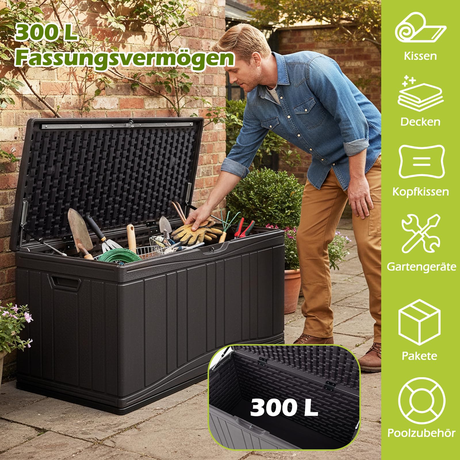 COSTWAY Gartenbox 300L, Auflagenbox mit abschließbarem Deckel & Gasdruckfedern, Aufbewahrungsbox wetterfest, Kissenbox Outdoor für Paketzustellung, Gartengeräte, Kissen & Poolzubehör (Braun)