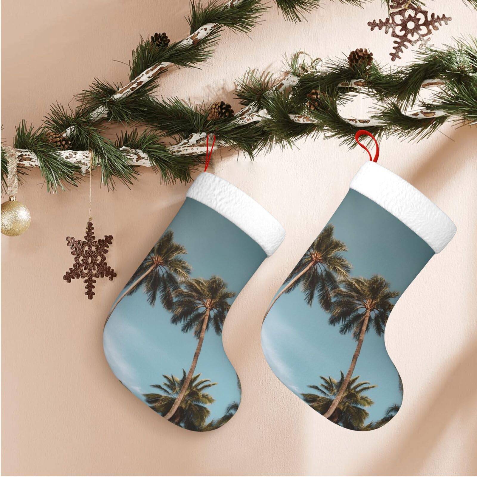 Tall Tropical Palm Trees Christmas Stockings Velvet Xmas Fireplace Hanging Stocking with Plush Cuff Rustic Christmas Santa Stockings for Home Christmas Decorations Party Favor Supplies