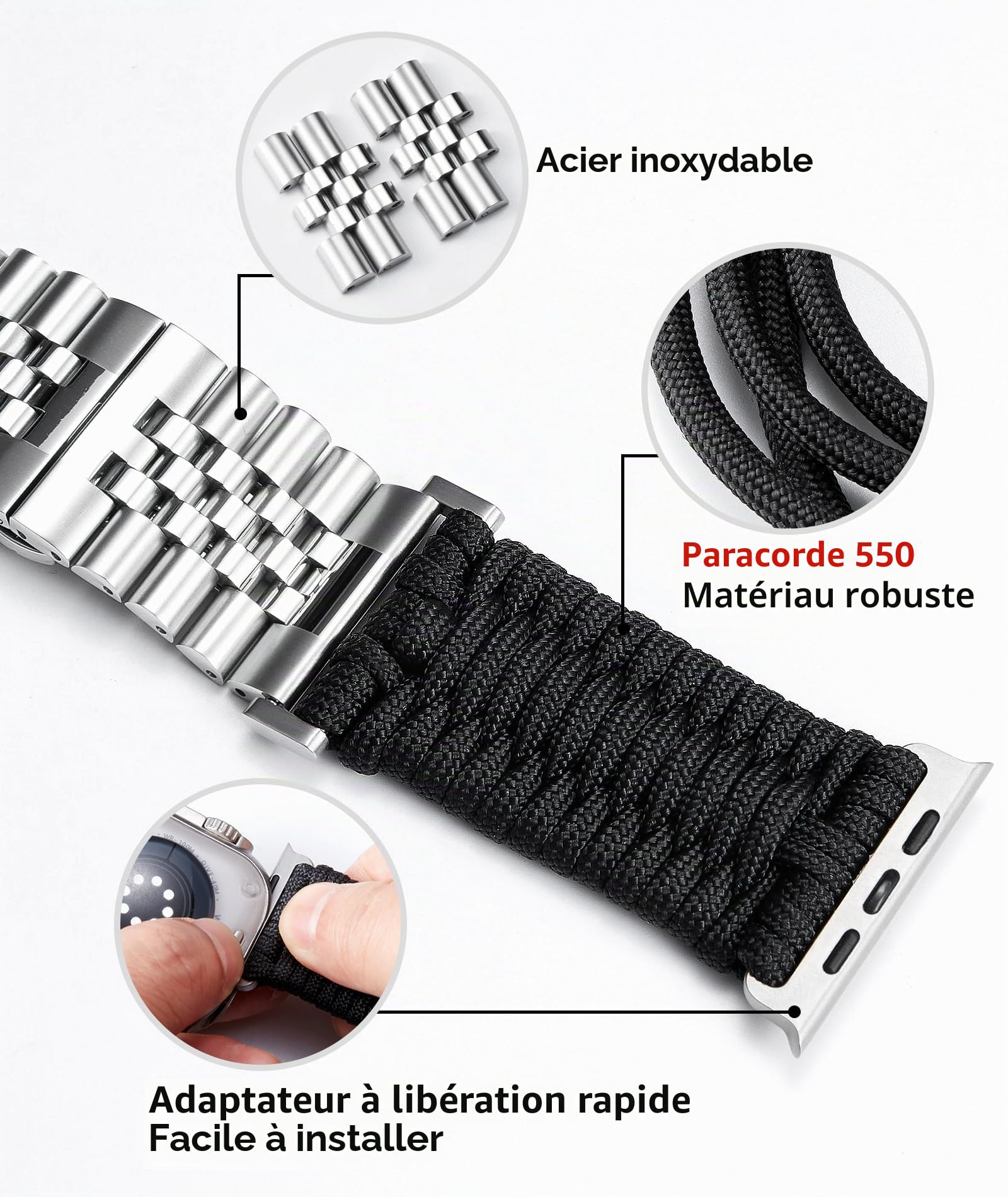 BINLUN Bracelet Compatible avec Apple Watch 49mm 46mm 45mm 44mm 42mm 41mm 40mm 38mm Tressé 550 Paracorde Acier Sport Bracelets Compatible avec iWatch Serie 11/10/9/8/7/6/5/4/3/2/1 Ultra3/2/1 SE3/2/1