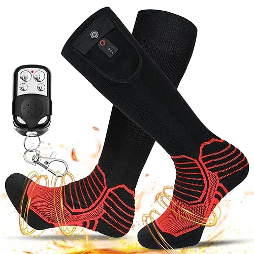Dr.Warm Wireless Heated Socks, Remote Control 7.4V 3000mAh Rechargeable Battery Heating Sock, Thermal Ski Socks for Cold Winter Men Women Kids/Red XL