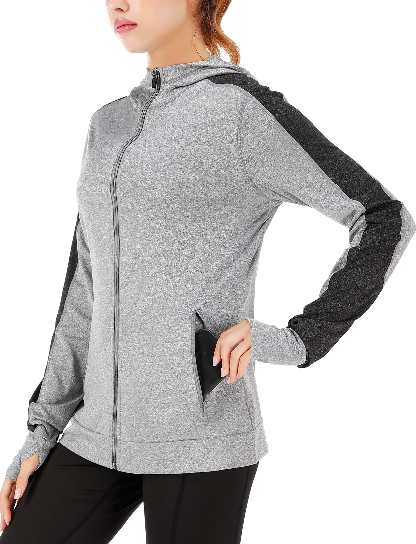 Damska kurtka do biegania, sportowa kurtka z długim rękawem, kurtka treningowa, bluza z kapturem, oddychająca, z otworem na kciuk i kieszenią, do biegania, jogi, fitnessu, szary, M