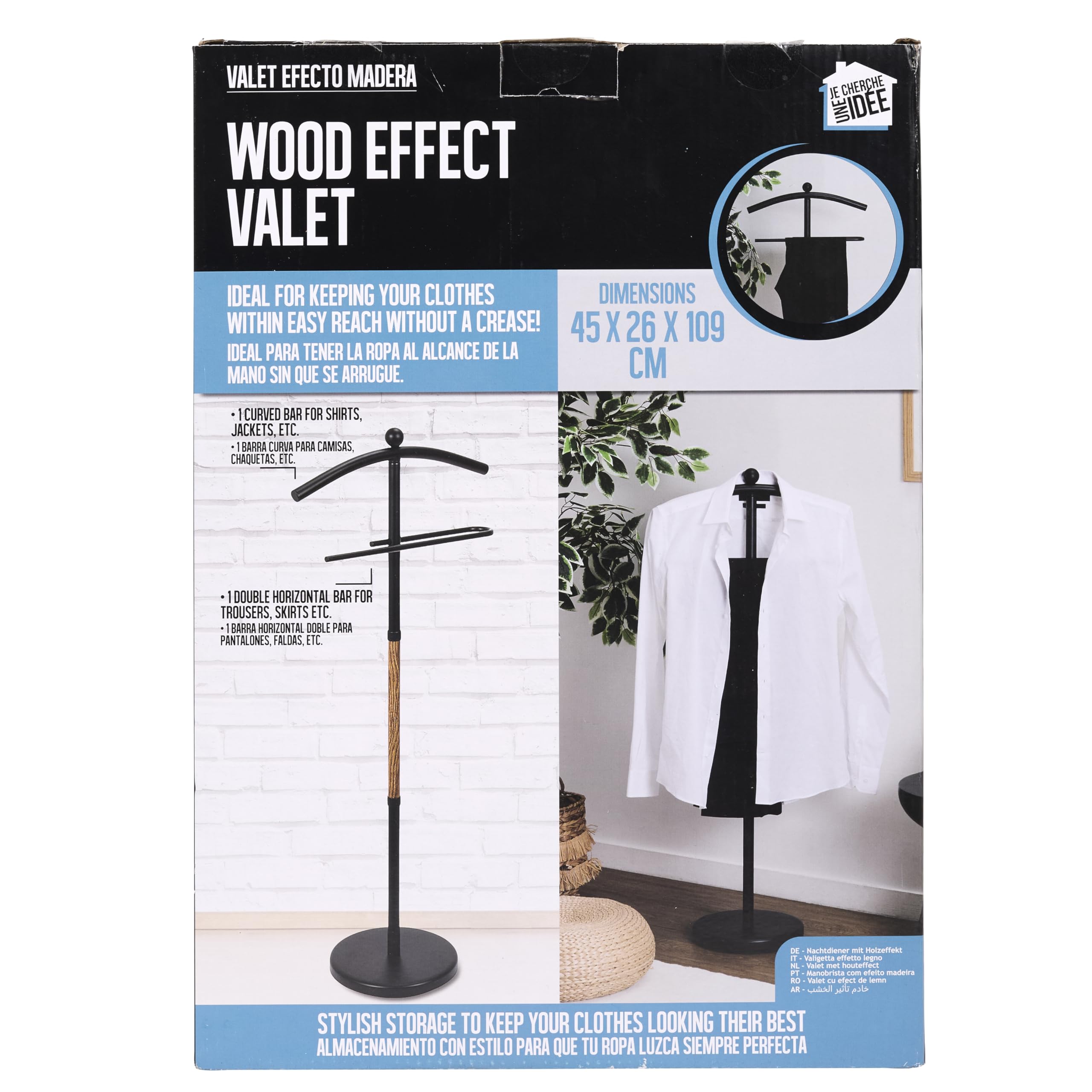Valet de Nuit Effet Bois Rangement Vêtements Noir | Plastique, valet de nuit effet bois, rangement pratique, vêtements et accessoires, chambre, 45x109x26 cm, noir