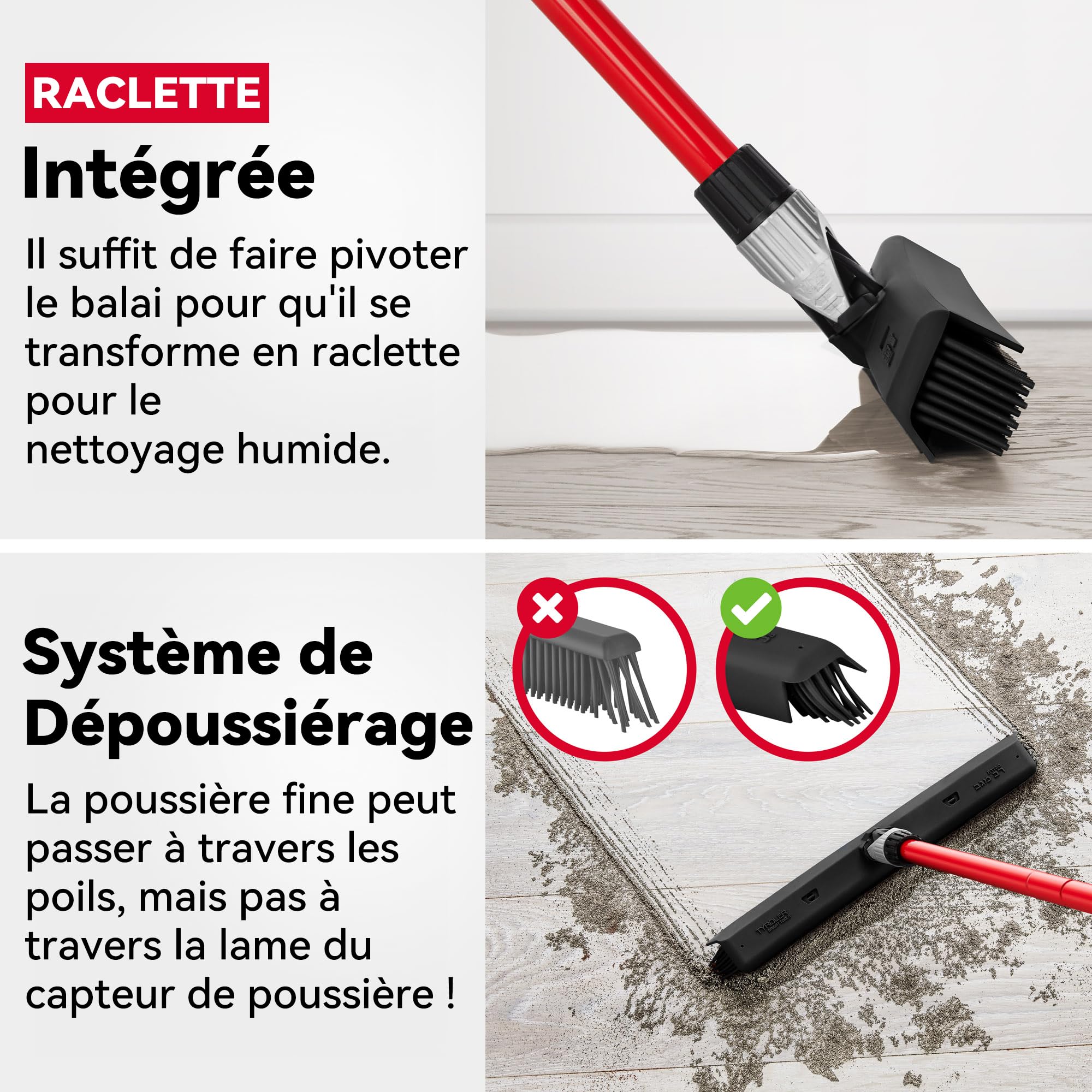 Tyroler Balai Caoutchouc & Raclette Sol | Tête De 41 cm Balai Bross Poils Animaux | Manche Anti-Rouille en 4 Parties de 140 cm pour Balais Coiffeur Caoutchouc Professionnel | Balais Nettoyer Sol