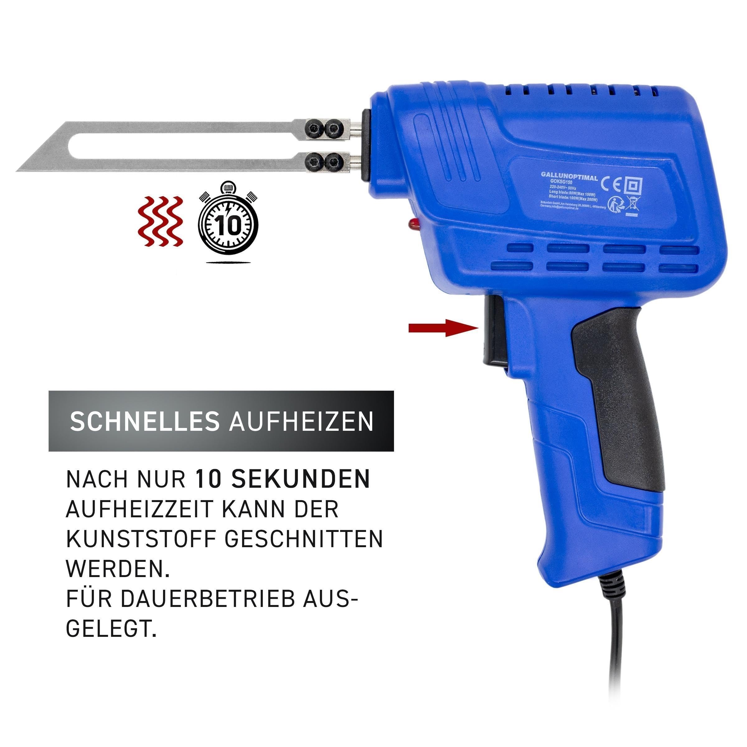 Kunststoffschneidgerät GOKSG150 230V – elektrisch, 150W, schutzisoliert, 2 Schneidklingen (123/205 mm), Aufheizzeit 10 s, schnell einsatzbereit, inkl. Koffer & Werkzeug
