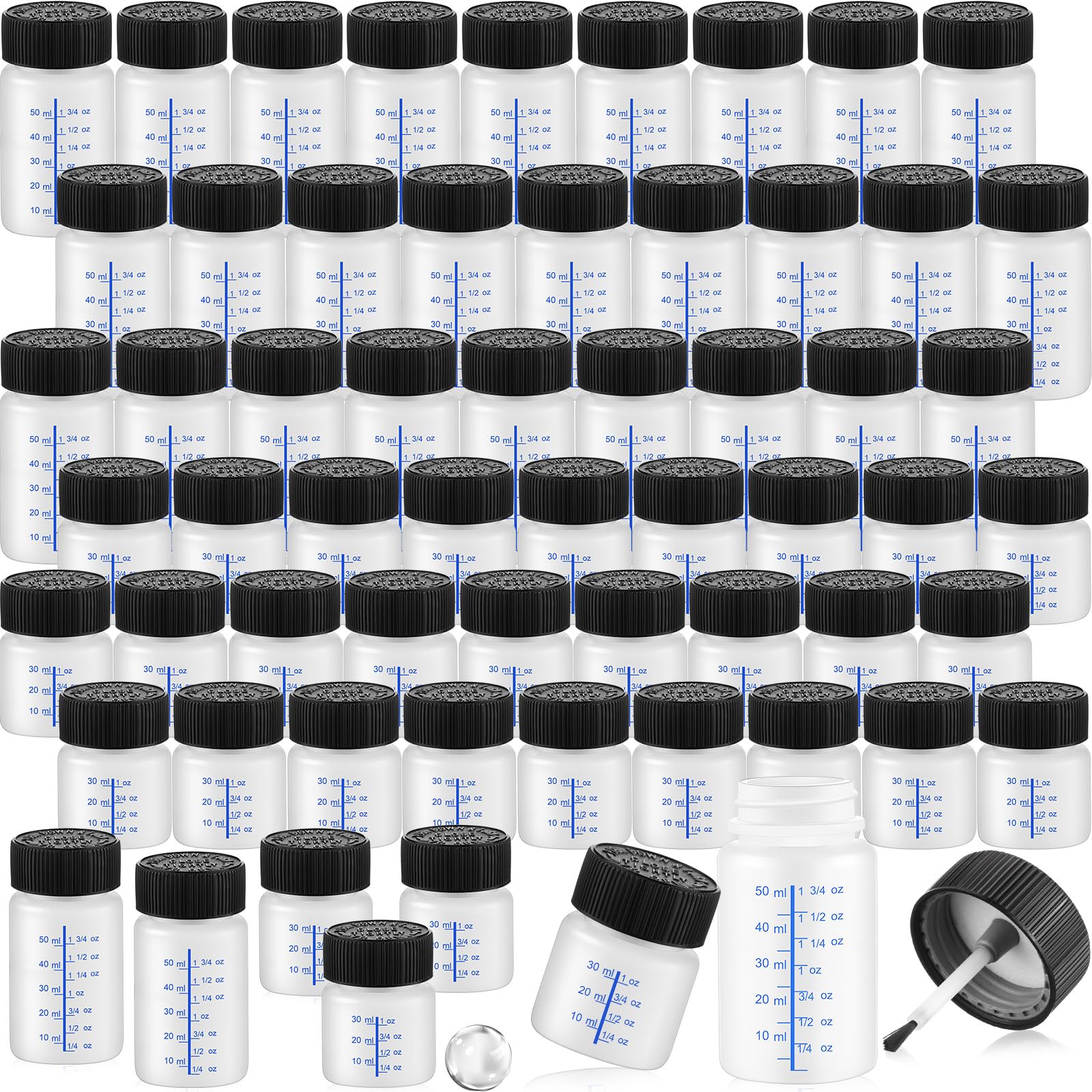 Maxcheck 60 Pcs Touch up Paint Bottles with Applicator Brush and Lids 2 oz and 1 oz Liquid Capacity Plastic Leftover Touch up Paint Container with Mixing Ball for Fixing Wall Stone Chip Car Surface