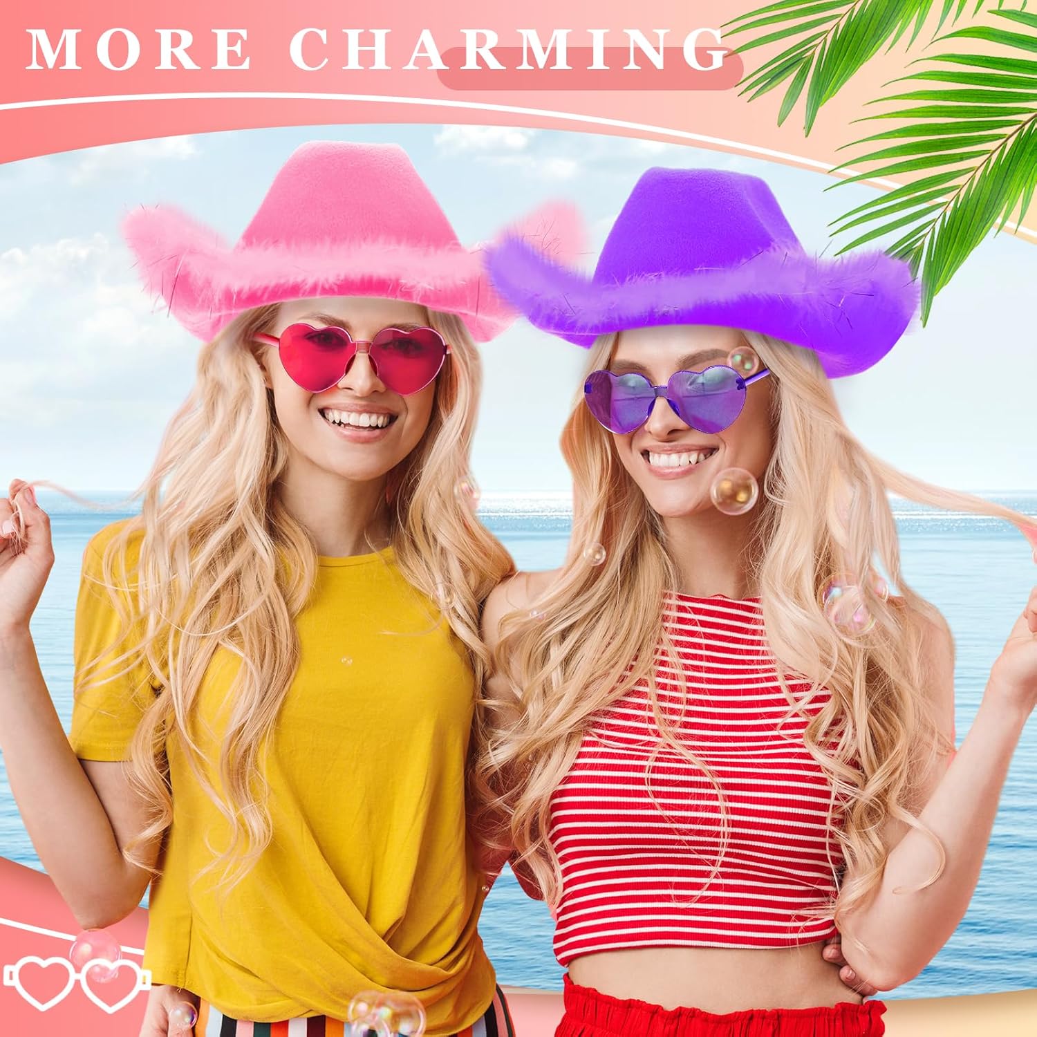 Haysandy 12 Pcs Holographic Space Cowgirl Hat with Rimless Sunglasses Neon Sparkly Cowboy Hat and Heart Sunglasses for Women (Multiple Colors,Feather)