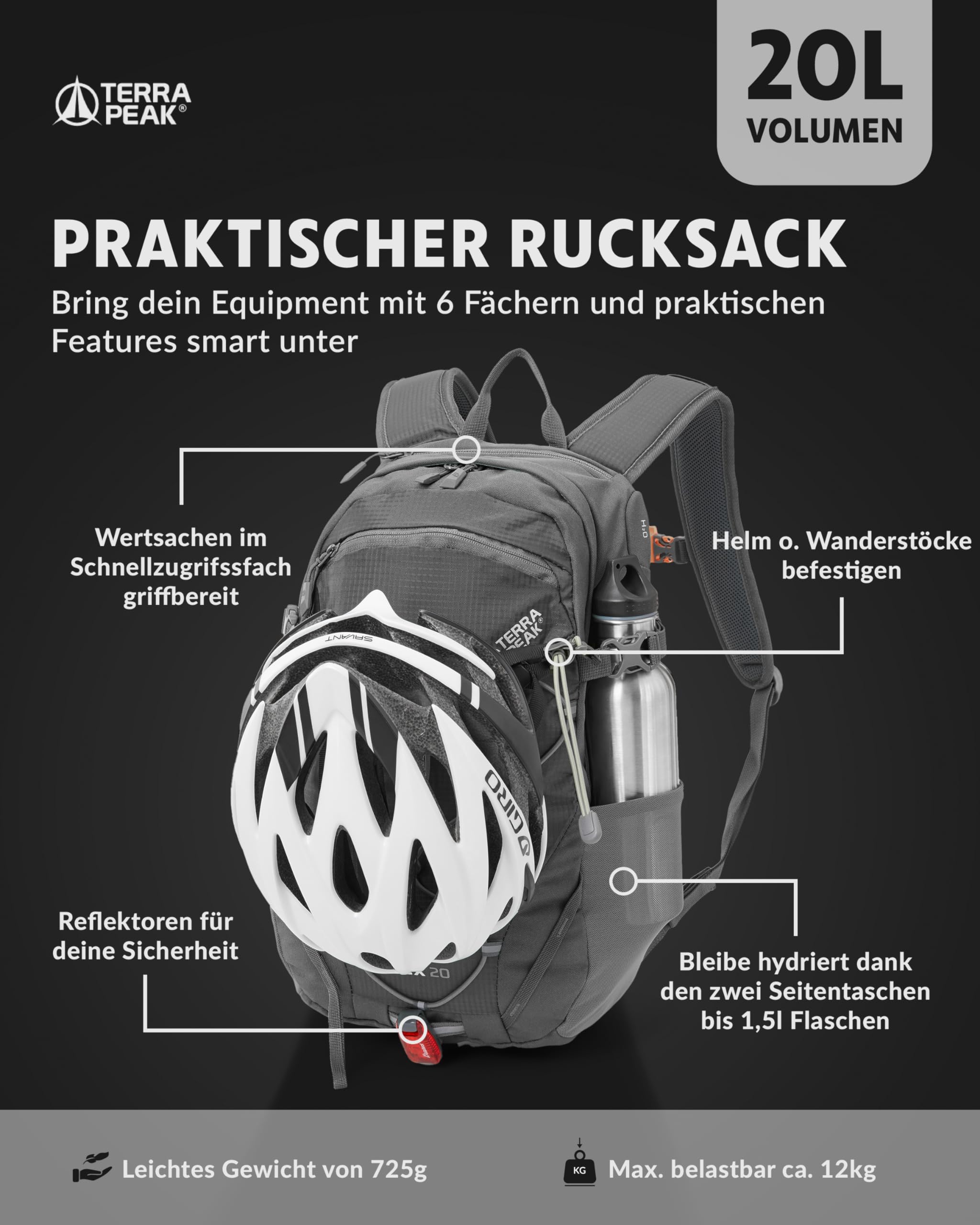 Terra Peak® Premium Wanderrucksack 20L (FLEX 20) klein mit Rückenbelüftung, Regenschutz & Trinksystem-Halterung - Ergonomischer Outdoor Trekkingrucksack aus 3D Air Mesh Polyester & Hüftgurt