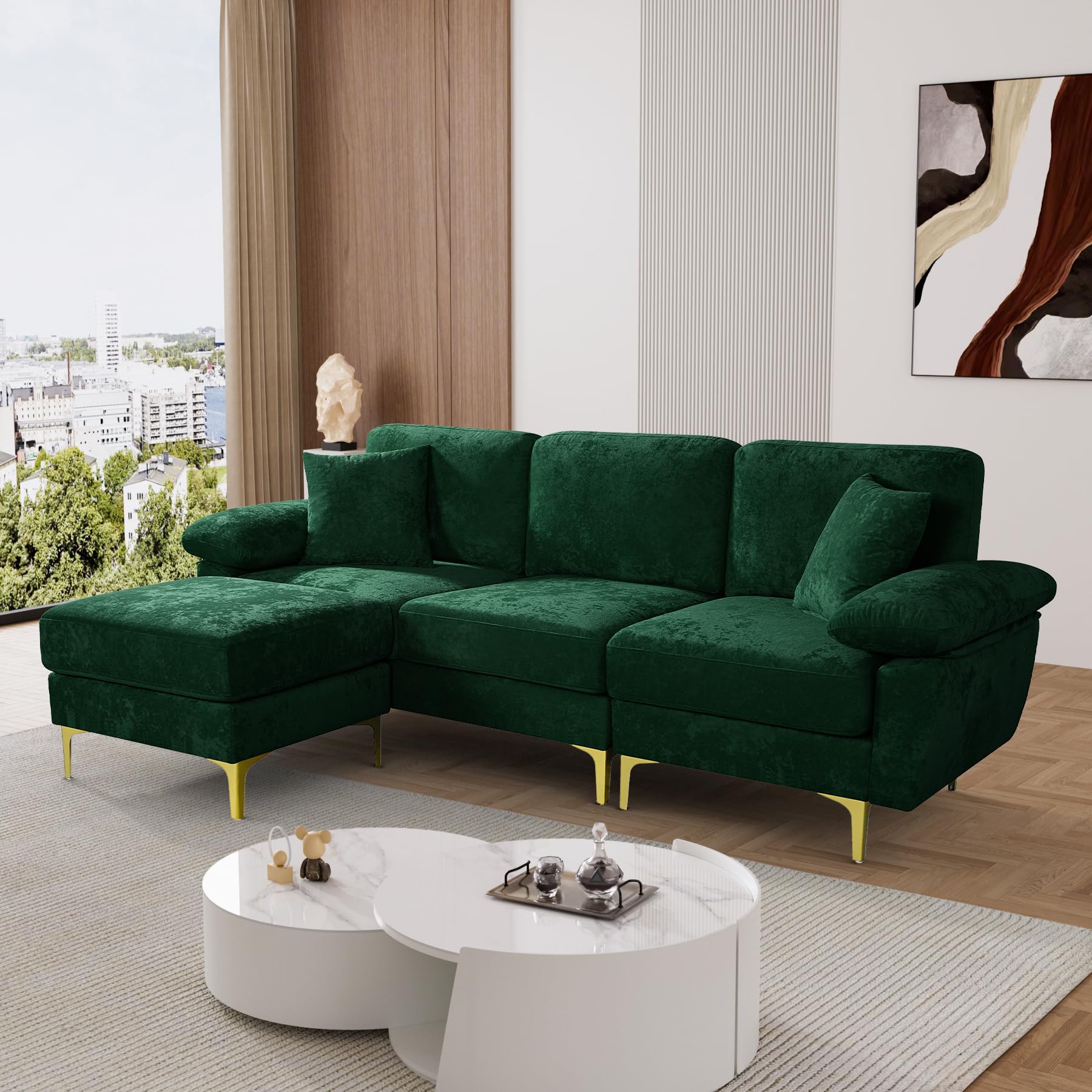 OUYESSIR L Shaped Sectional Sofa Couch, 3 Seat Velvet Sofa with Ottoman and Pillows, Upholstered Comfy Couch Sleeper for Living Room, Bedroom, 91 inches (Green)