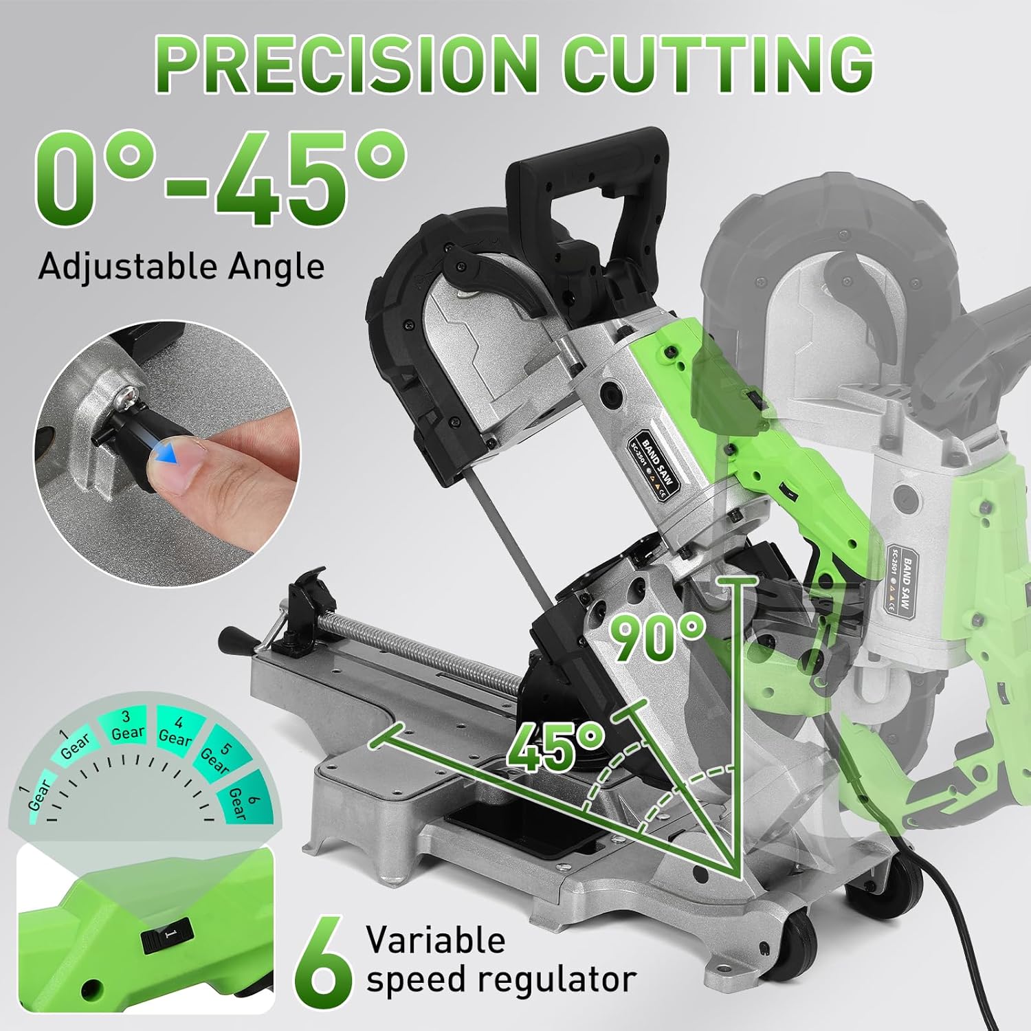 Portable Band Saw with Removable Alloy Steel Base, 10 Amp 5-Inch Deep Cut Metal Bandsaw with 6-Speed Variable Speed, 45°-90° Metal & Wood Cutting Table Saw with LED Light, 2 Blades & Wheels