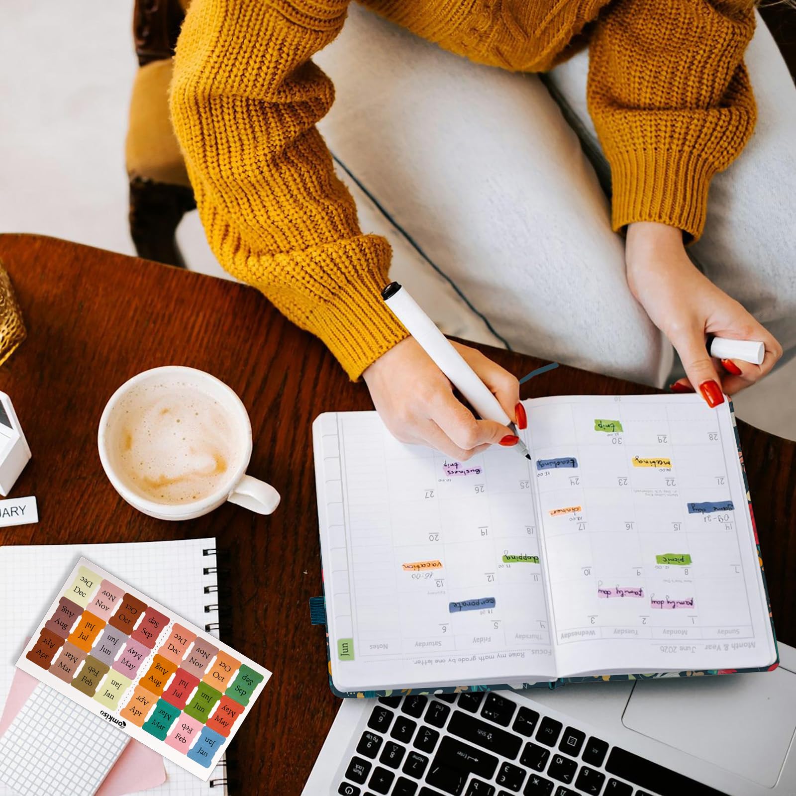 Comkiso Agenda settimanale e mensile non datata, con linguette adesive, A5, planner accademico senza data, per donne e uomini, pianificazione giornaliera, copertina rigida, in pelle, tutto in uno, per