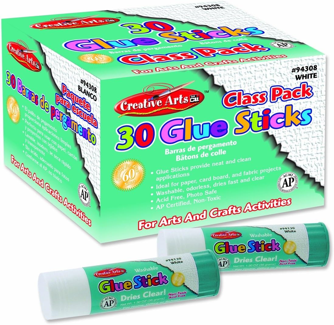 Charles Leonard Creative Arts Glue Sticks Class Pack, Washable, Non-Toxic, 0.28 Ounce, White, 30-Pack (94308)