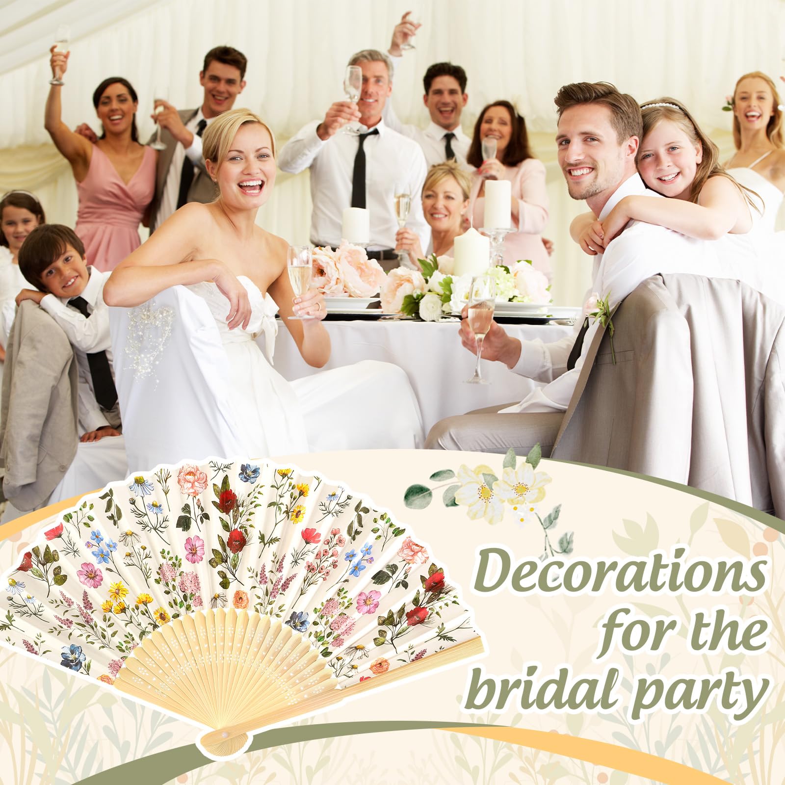 JarThenaAMCS Faltbarer Handfächer mit Organza-Beuteln, dekorative Handfächer, Vintage-Wildblumen-Papierfächer für Frühling, Junggesellinnenabschied, Hochzeit, Brautparty, Party, Gastgeschenke, 24