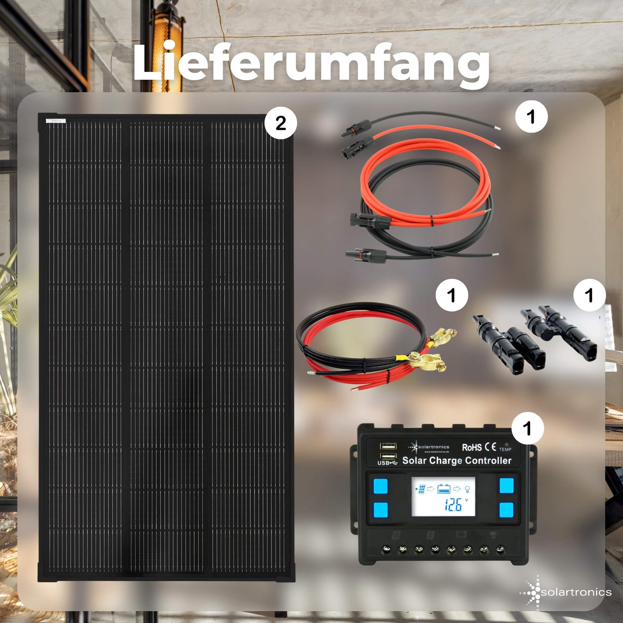 SOLARTRONICS Solar Set 2x 120W monokristalline Solarmodul 1070x580x35, 20A Laderegler blau+ Solarkabel, Batteriekabel + Solarstecker