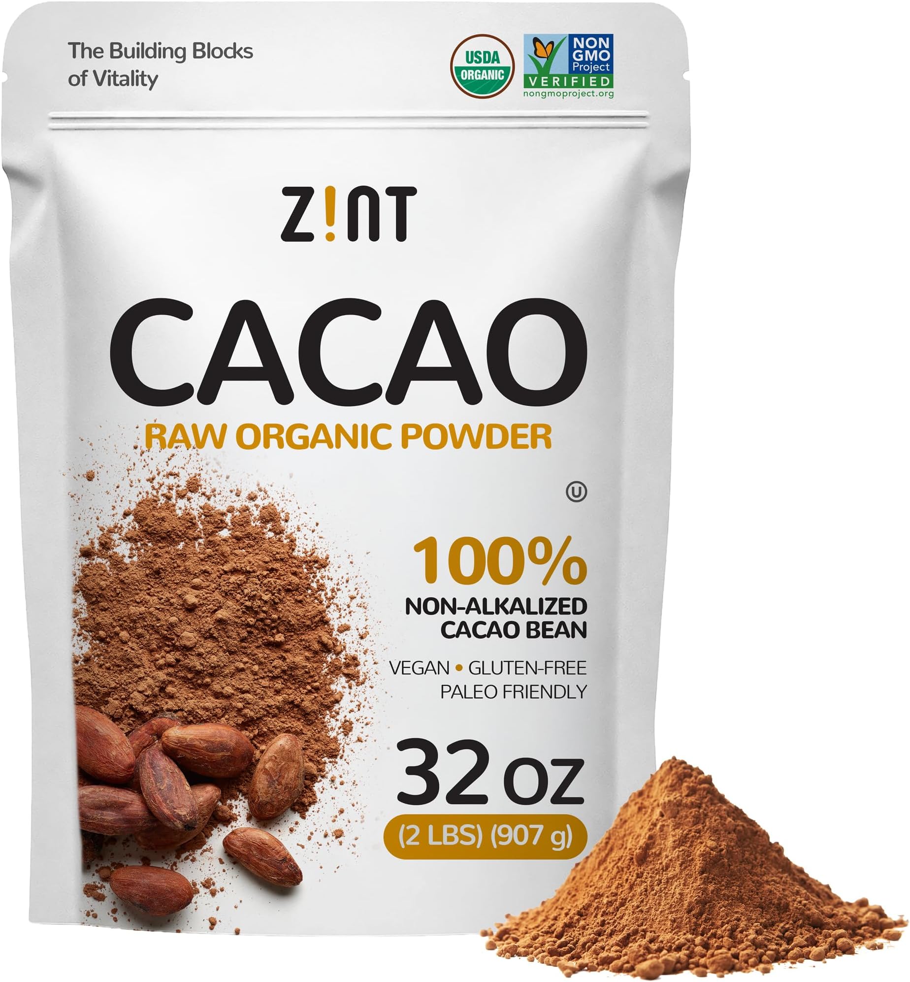 Zint Raw Organic Cacao Powder โ Organic Cocoa Powder Unsweetened (32 oz) | Non-Alkalized | USDA Organic | Gluten Free | Non GMO | Pure Rich Dark Chocolate Flavor for Smoothies, Baking, Hot Chocolate