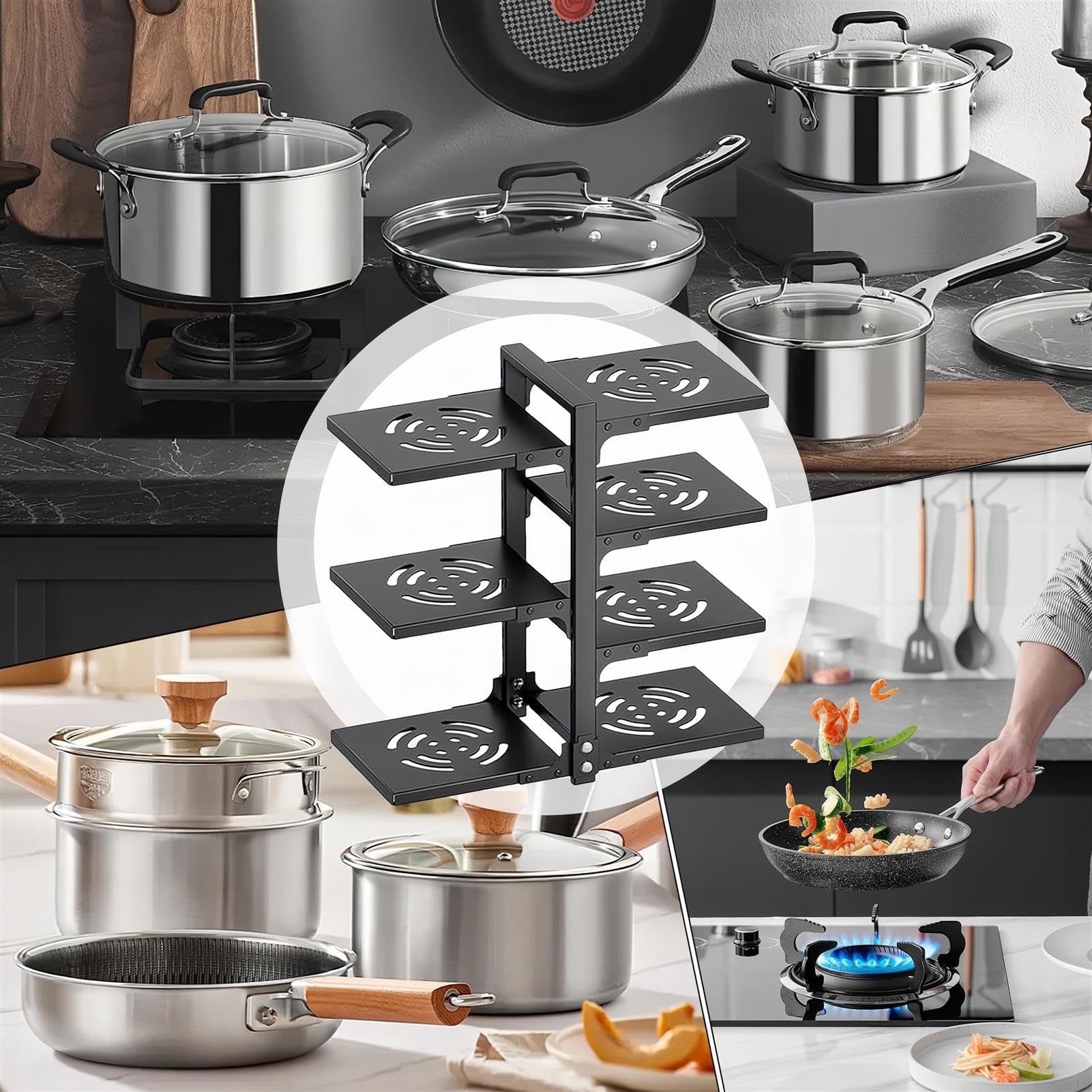 Organizador de sartenes ajustable de 7 niveles, soporte para ollas y sartenes, estante de almacenamiento de cacerolas de altura ajustable para encimera de cocina y armario