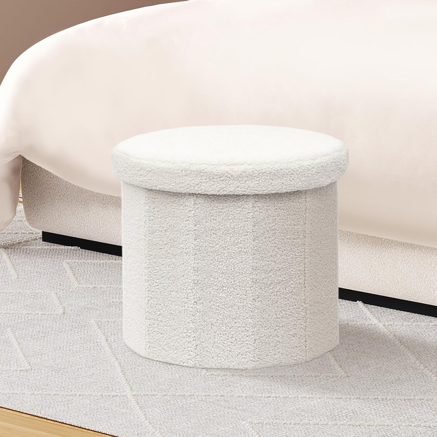 B FSOBEIIALEO Storage Ottoman Cube, Round Ottomans with Storage Foot Stool Footrest for Lving Room, Boucle Ottoman Seat for Dorm Room,Faux Teddy Fur, White 15"x15"x13.19" - Image 7