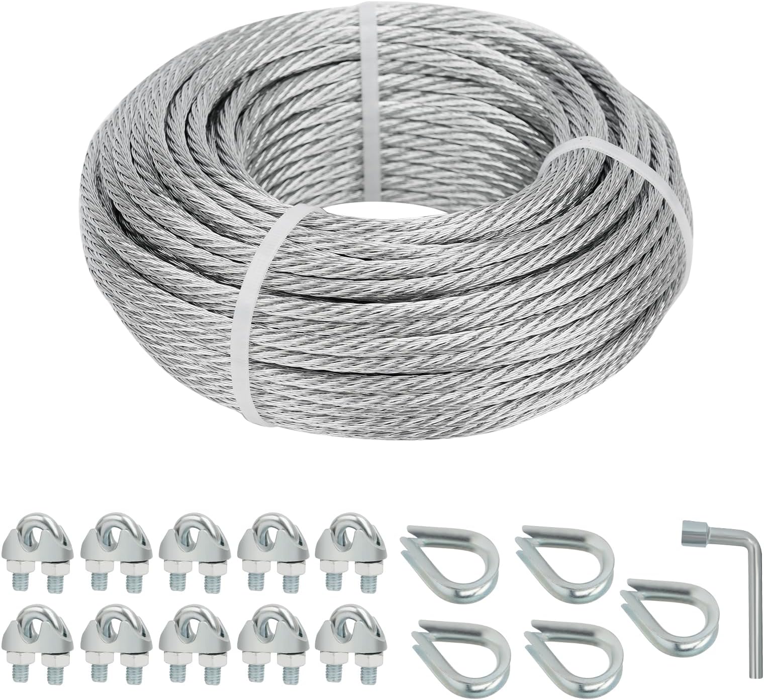 Galvanized Steel Wire Rope Cable, 3/16” Galvanized Steel Cable with Rope Clamp and Thimble, 7X7 Strand Core Aircraft Cable Used for Anchored Shed, Fencing, Sunshade, Clothesline (50ft)