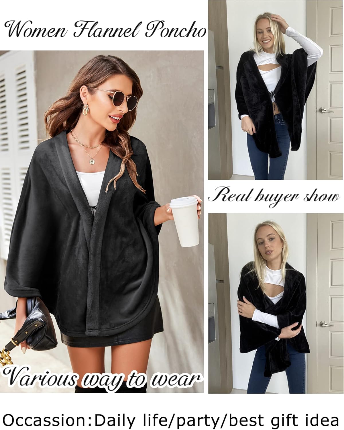 Vista 3 de Ekouaer - Poncho de franela para mujer manta ligera chal cálido abrigo de invierno