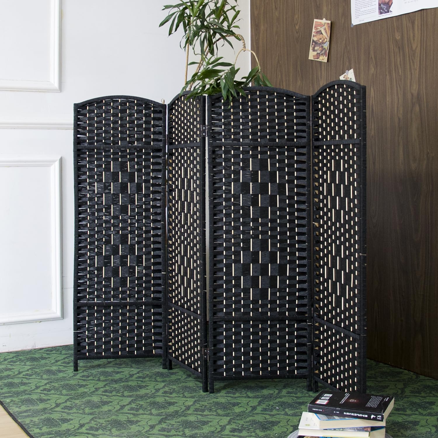 Furnnylane 4 Panel Black Rattan Divider Short Room Partition Screen,Double Sided Short Folding Divider for Room Separation,120 cm Tall — image 1