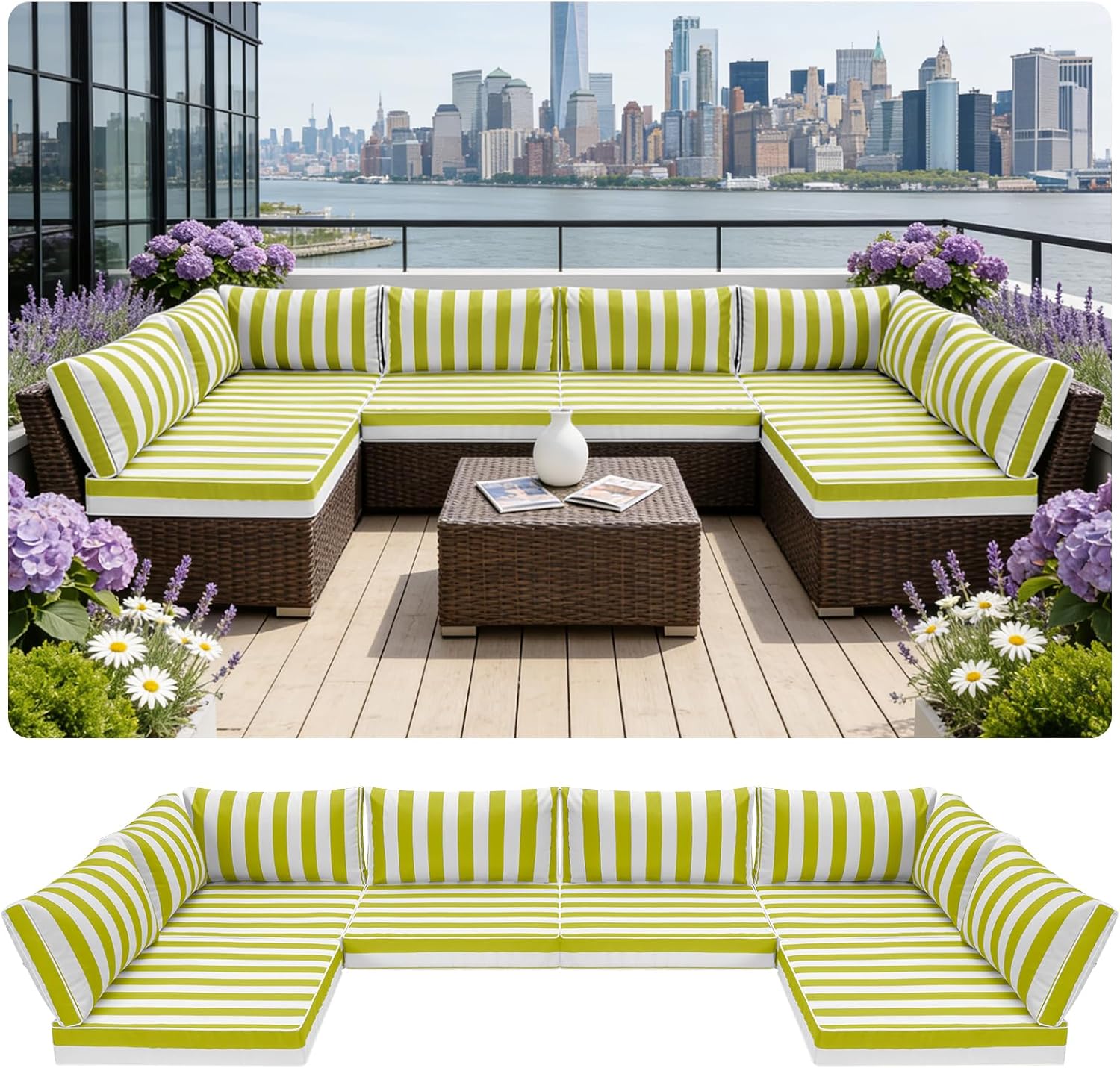 Outdoor Sectional Cushions,14-Piece Replacement Cushions for Patio Furniture, Water-Resistant Outdoor Sofa Cushion for 6-seat Sectional Rattan Conversation Set,(Liner&Cover) (Yellow&White Stripes)