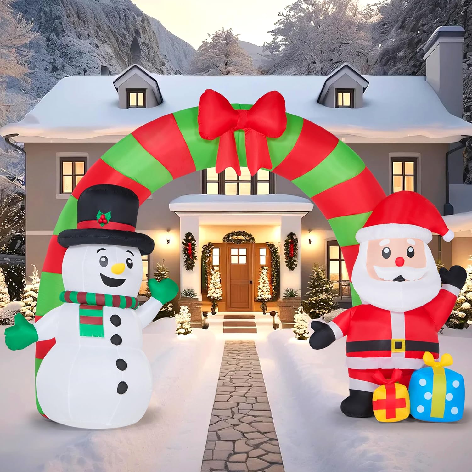JOYIN 10 FT Long Snowman and Santa Christmas Inflatables Archway Outdoor Decoration, Blow Up Archway with Snowman and Santa, Christmas Inflatable with LED for Xmas, Outdoor, Yard, Garden, Lawn Decor