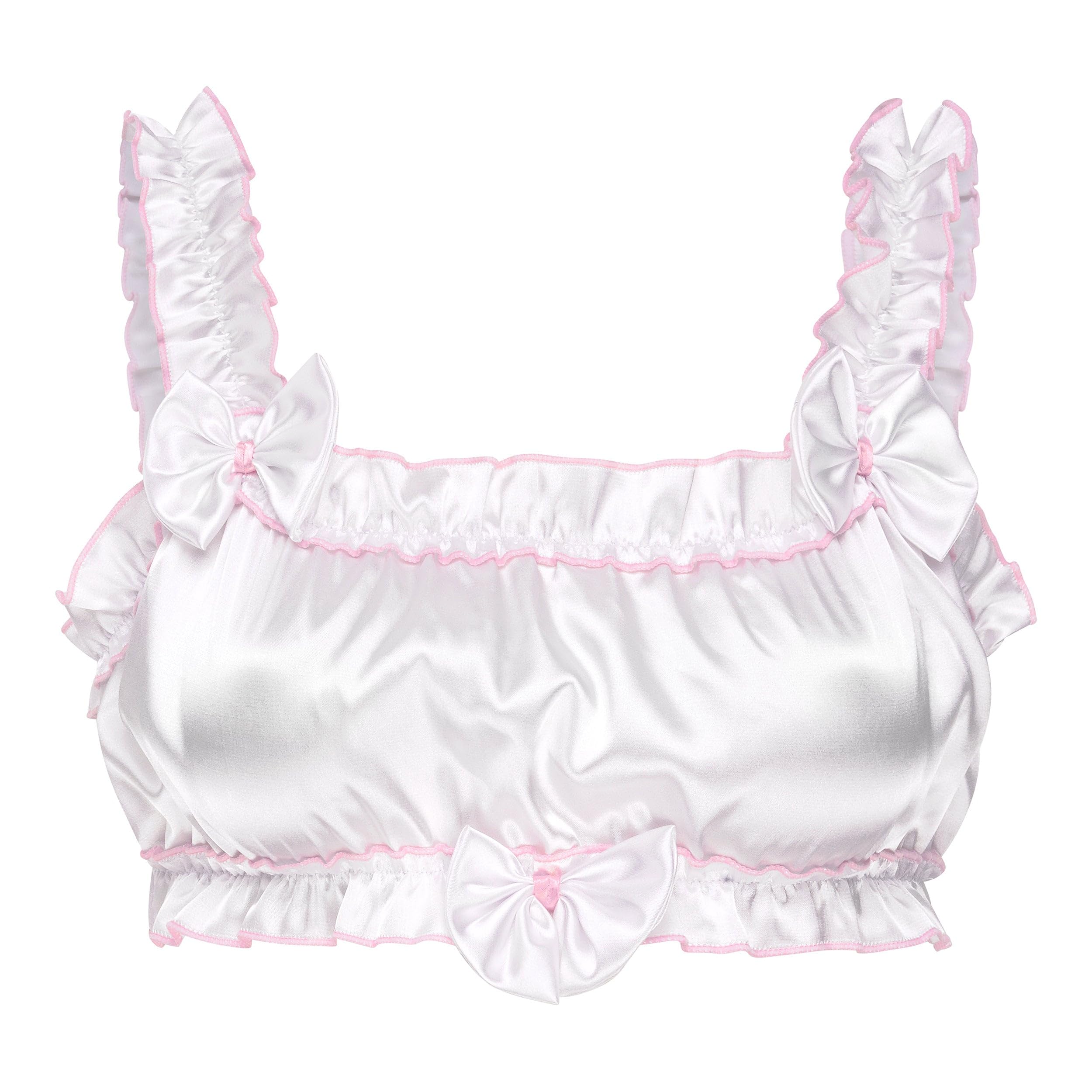 Satini Sissy Frilly Ruffled Fitted Silky Satin Lingerie Bralette (White, XXL)