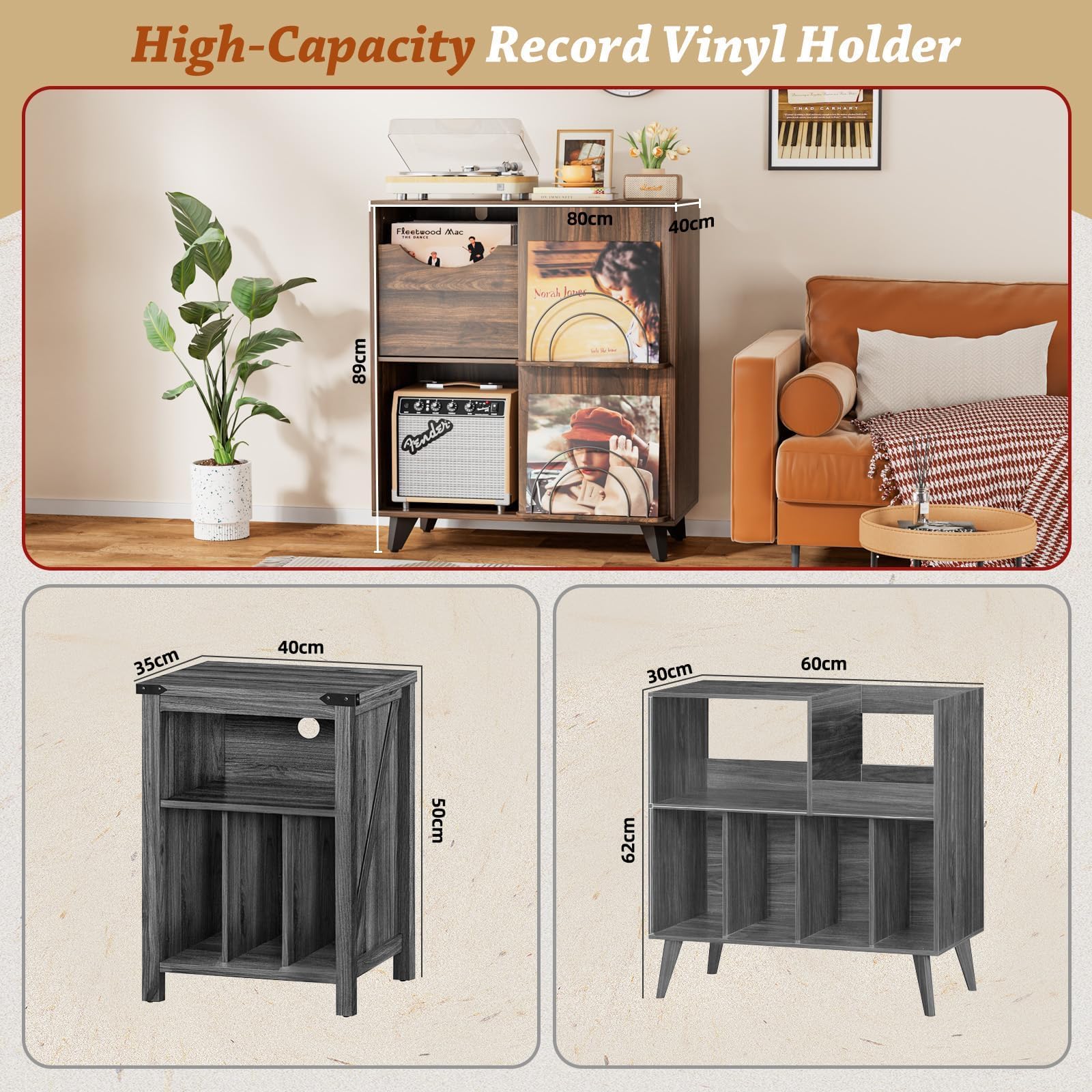 Bikoney Schallplatten Aufbewahrung mit Vinyl Display und 2 Schubladen – Holz Schallplattenständer Tisch und TV Schrank für Alle Plattenspieler und Lautsprecher, Plattenspieler Regal für Wohnzimmer