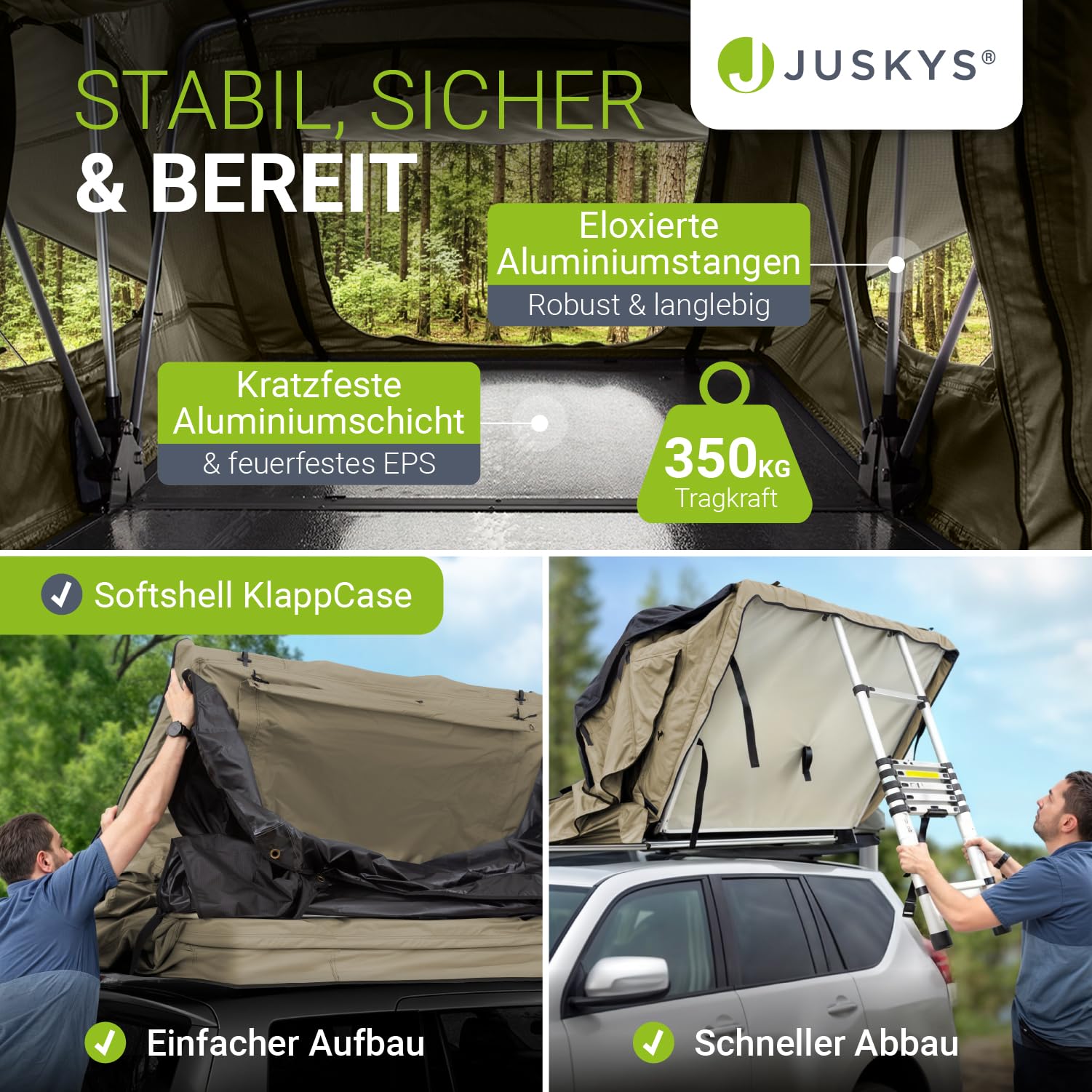 Juskys Autodachzelt Lago - Robuste Konstruktion, wasserabweisend & UV-Schutz, Autodachzelt, Camping, LED-Beleuchtung