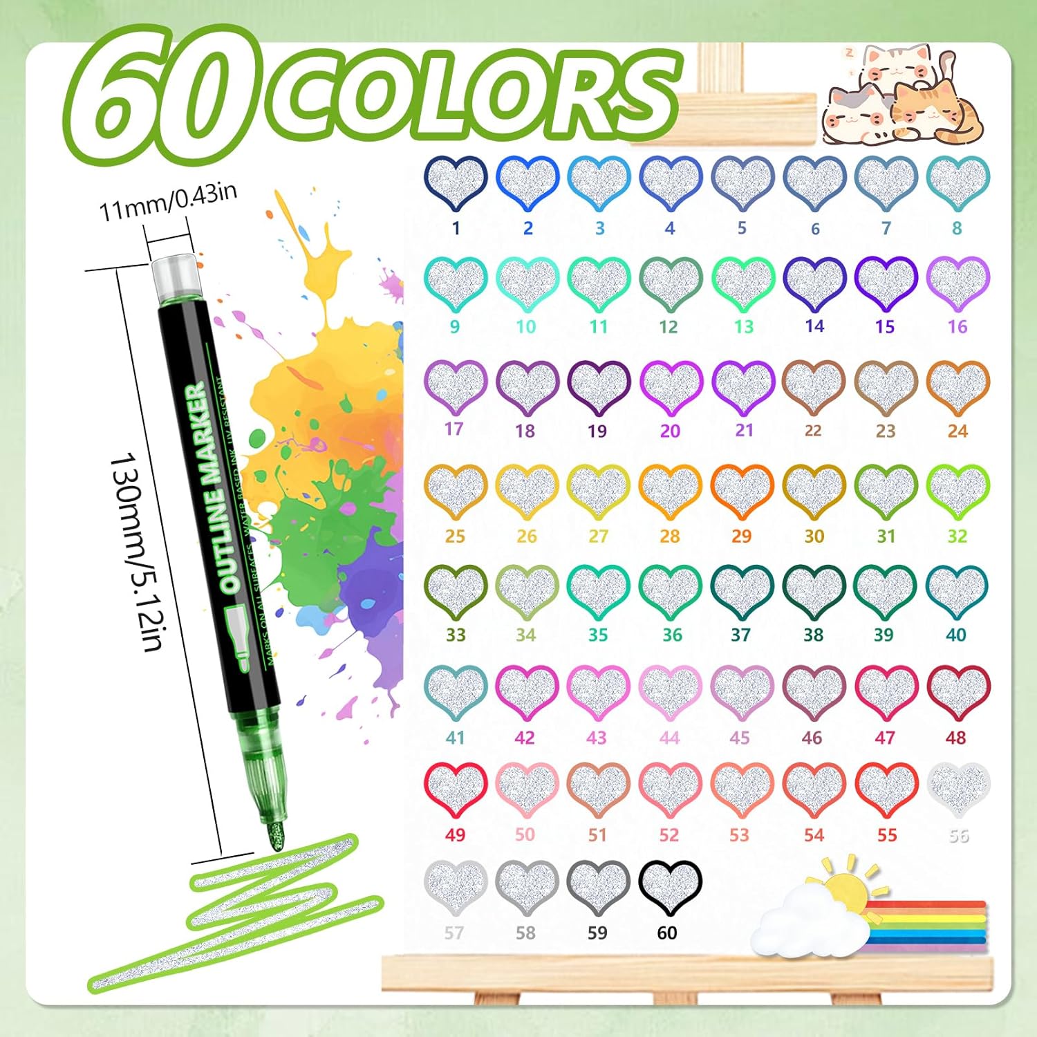 60 Colors Glitter Markers Outline Glitter Pens,Shimmer Metallic Markers for Painting Coloring,Waterproof Glitter Gel Pens for Art Supplies,Arts and Crafts for Gift Kids Journaling Writing Card Making