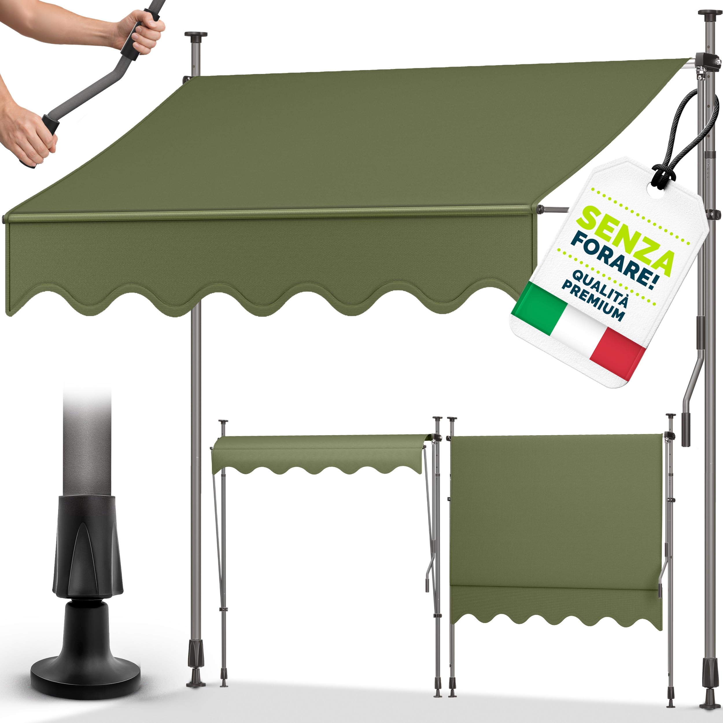 tillvex Tenda da Sole a Bracci con Manovella | Protezione per Balcone, Regolabile, Senza Forare | Tenda Resistente per Esterno Raggi UV e Regolabile in Altezza (Verde militare, 200cm)