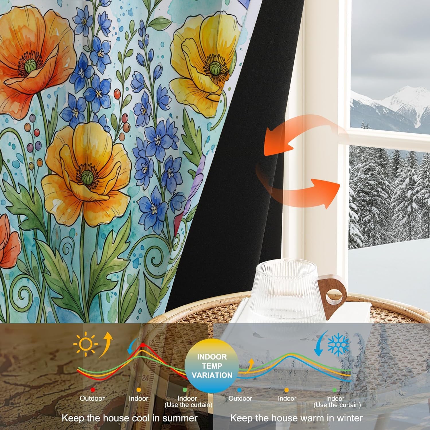 Orange Blickdicht Vorhänge, Mohnblume Gänseblümchen Rose Verdunklungsvorhänge Mit Ösen Gartenblumen Thermovorhang Für Wohnzimmer Schlafzimmer - H140 X B90 cm (2Er Pack)