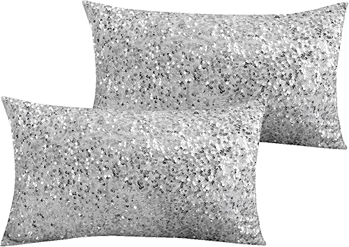 LIGICKY Juego de 2 fundas de almohada lumbares de lentejuelas blancas plateadas brillantes y decorativas con purpurina para sofá, dormitorio,