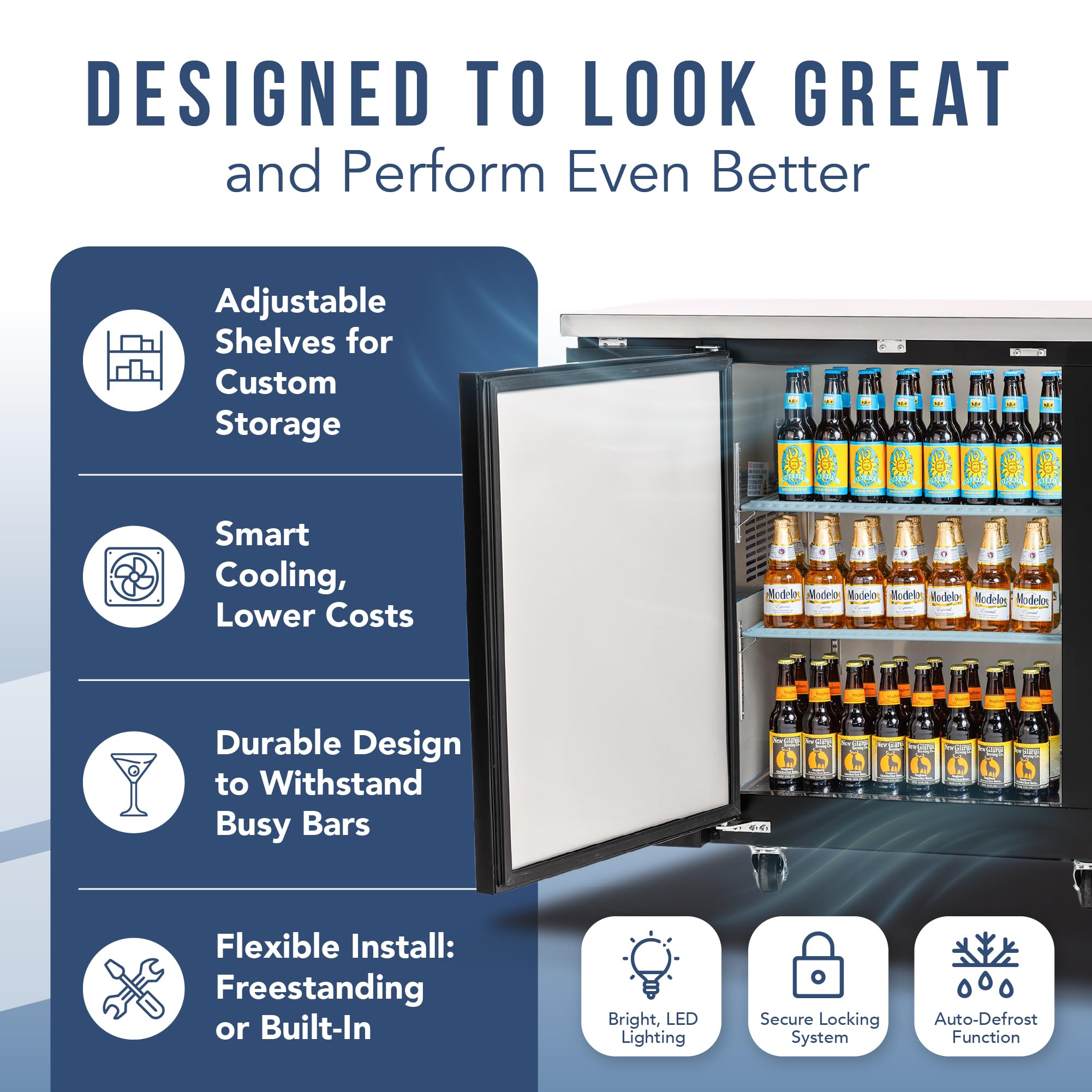 Peakcold 2-Door Counter Height Beverage Refrigerator - 61" Wide Energy Efficient Solid Black Beer Cooler & Bar Fridge With White LED Lighting - Commercial Back Bar Cooler on Fridge.com - View 4