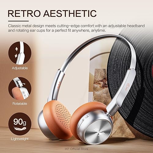 Miniatura 2 de iKF Auriculares inalámbricos Bluetooth R1, auriculares ligeros retro clásicos, micrófono integrado, reproducción de 60 horas, conectividad de