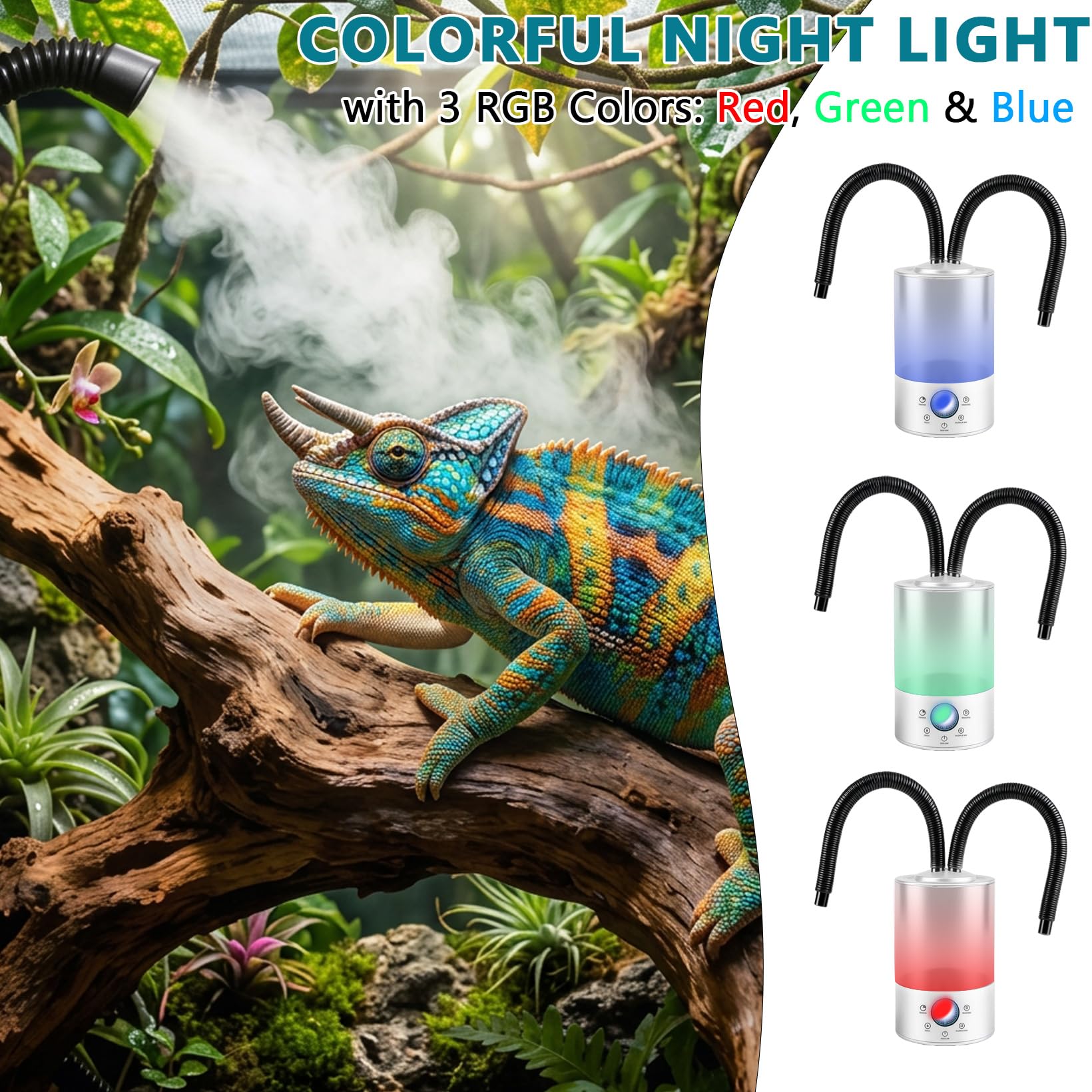 Humidificador de aire para reptiles de 4 litros, dispositivo de niebla de terrario con 420 ml/h y doble tubo, máquina de niebla para reptiles ultrasilenciosa, para terrario, apagado automático en