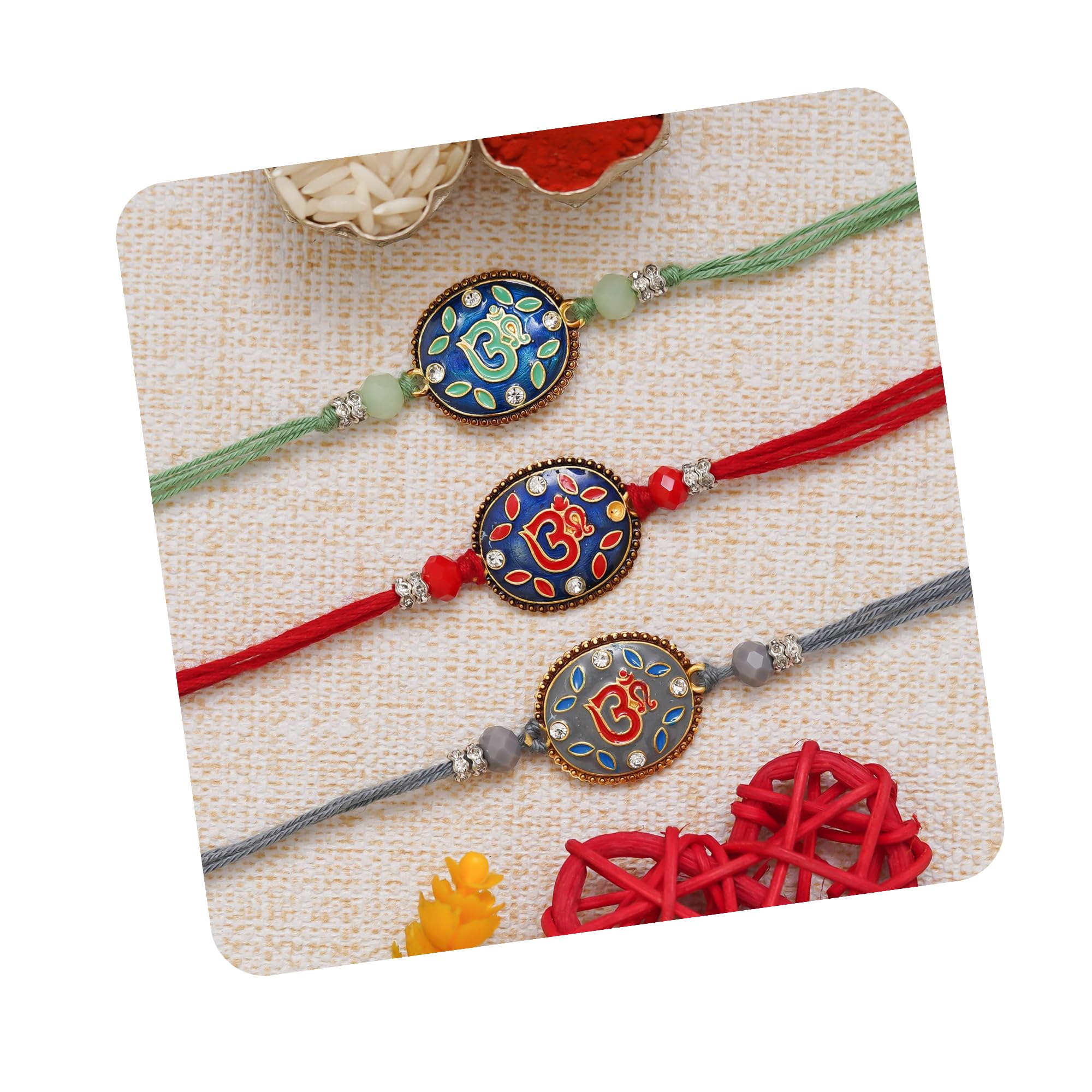 eCraftIndia Multicolor Set of 3 Semi Precious Om Religious Rakhis with Roli Chawal Pack - Rakhi for Brother, Bhaiya, Bhai