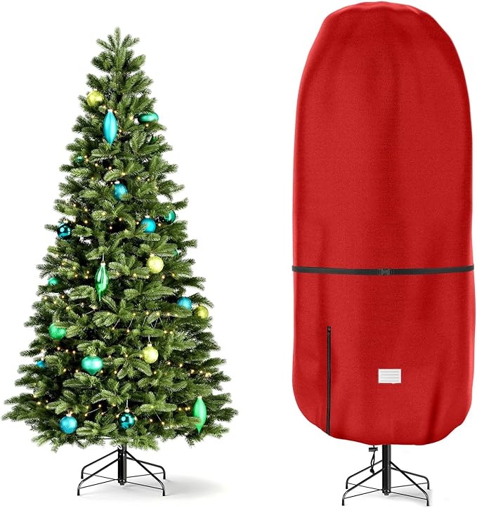 Upright Christmas Tree Storage Cover,Tear Resistant Adjustable 9 FT Xmas Tree Storage Bag for Artificial Tree Standing with Ornaments,Fabrics Christmas Tree Cover , Dustproof (Red)
