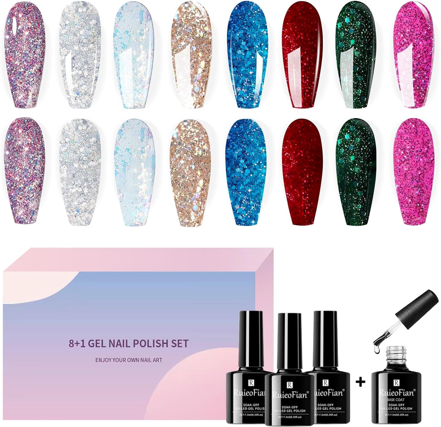 8PCS Pintauñas Semipermanente Purpurina 8 Colores + 1 Base Coat Esmaltes para Uñas Permanentes Lampara Normales Gel Secado Rapido Kit Vernizes Pinta Francesa Smalto Semipermanenti